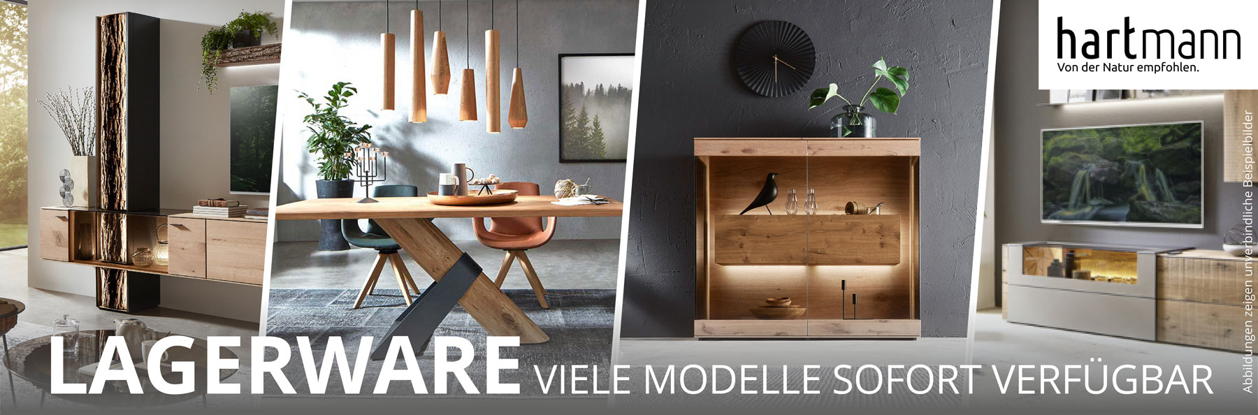 Vier Bildausschnitte mit hochwertigen Massivholzmöbeln der Möbelmarke Hartmann mit modernem Standelement, massivem Esszimmertisch, edlem Highboard mit Glasfront und praktischem Lowboard inkl. Hinweistext: Lagerware viele Modelle sofort lieferbar