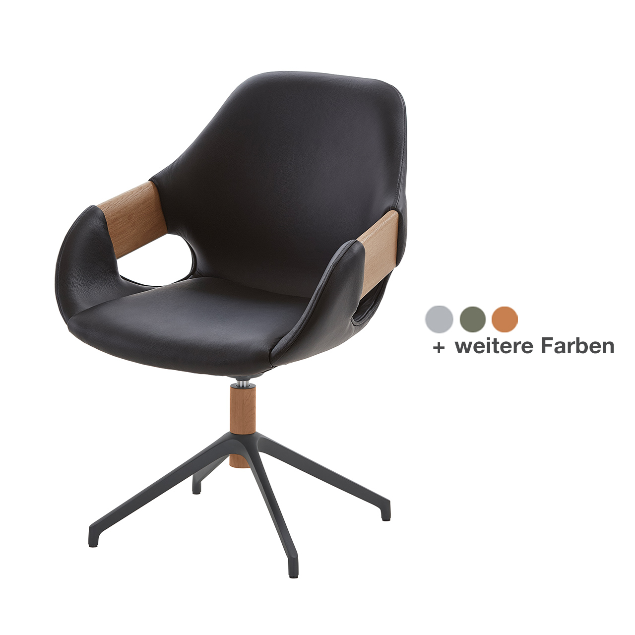 Hartmann NATURZEIT 7100E/8400E - 1778 Stuhl Basti Comfort - mit Holz/Metallgestell HM1 Moderner Esszimmerstuhl mit extra gepolsteter Sitzfläche und Rückenlehne in schwarzem Leder, mit Holzapplikation an Lehnen und Vier-Fuß Sterngestell in Holz/Metall anthrazit - in Frontansicht.