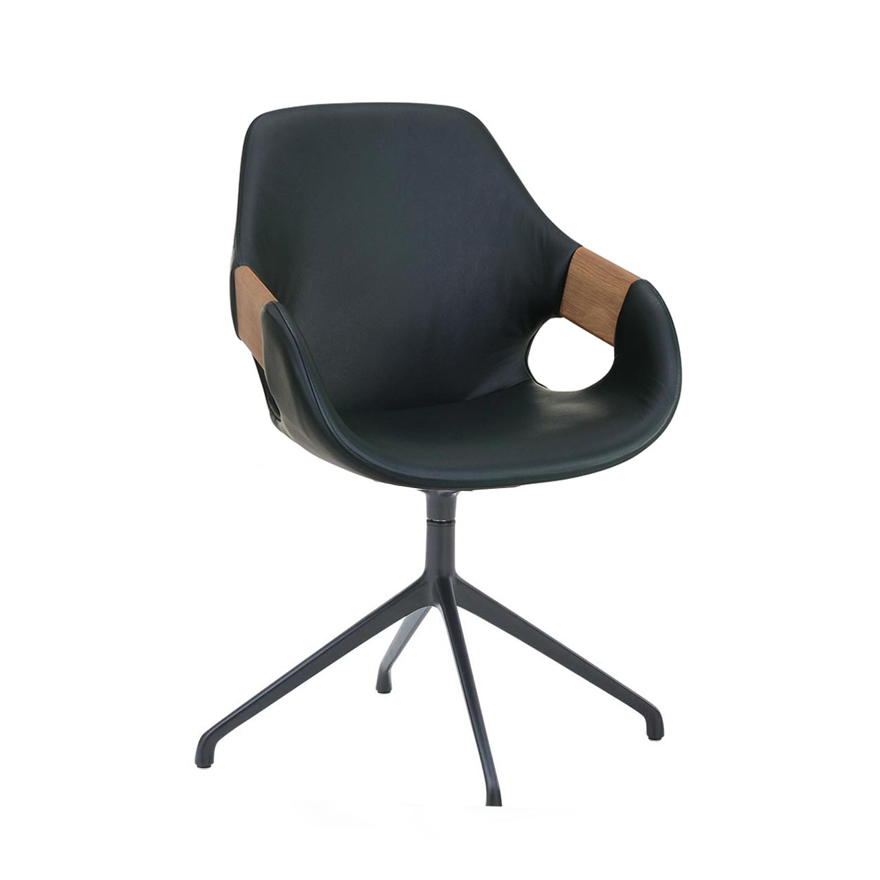 Moderner Esszimmerstuhl mit Sitzfläche und Rückenlehne in dunkelblauem Leder, Holzapplikation an Lehnen und Vier-Fuß-Stativgestell aus Metall anthrazit.