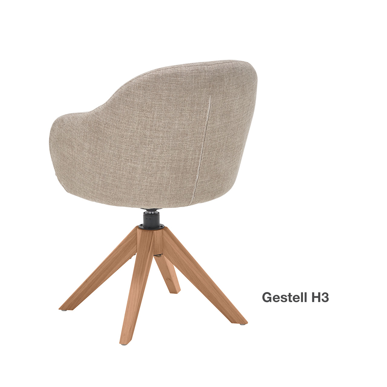 Moderner drehbarer Armlehnstuhl mit beige grauem Stoffbezug und gepolsterter Sitzschale auf Vier-Fuß-Stativgestell in Kerneiche Natur. Rechts daneben textlicher Hinweis „Gestell H3“ - in Rückansicht.