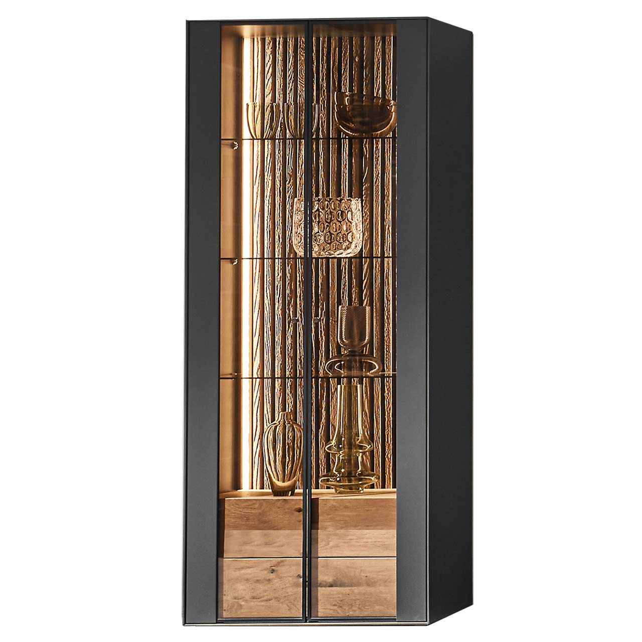 Hartmann SELINO - Standvitrine 8560-0071 Moderne Standvitrine aus massiver Birke anthrazit mit heller Holz-Kombination: zwei Glastüren mit Lamellenrückwand, unten zwei Schubkästen aus hellem Holz.