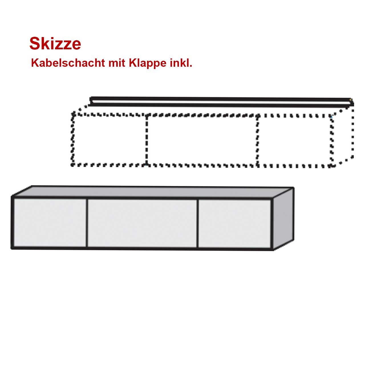 Skizze eines Lowboards mit abgebildetem Kabelschacht hinten in Deckplatte unter geöffneter Klappe, inkl. Hinweistext Kabelschacht