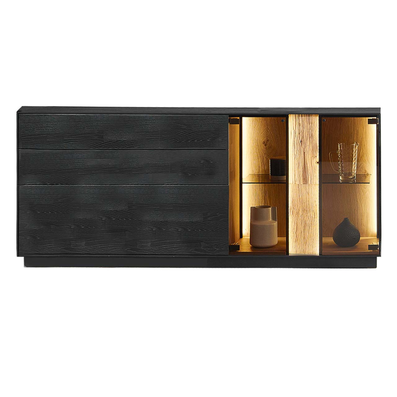 Modernes Sideboard aus massiver Kernesche anthrazit mit Spaltholz-Akzent und Parsolglas-Ausschnitt