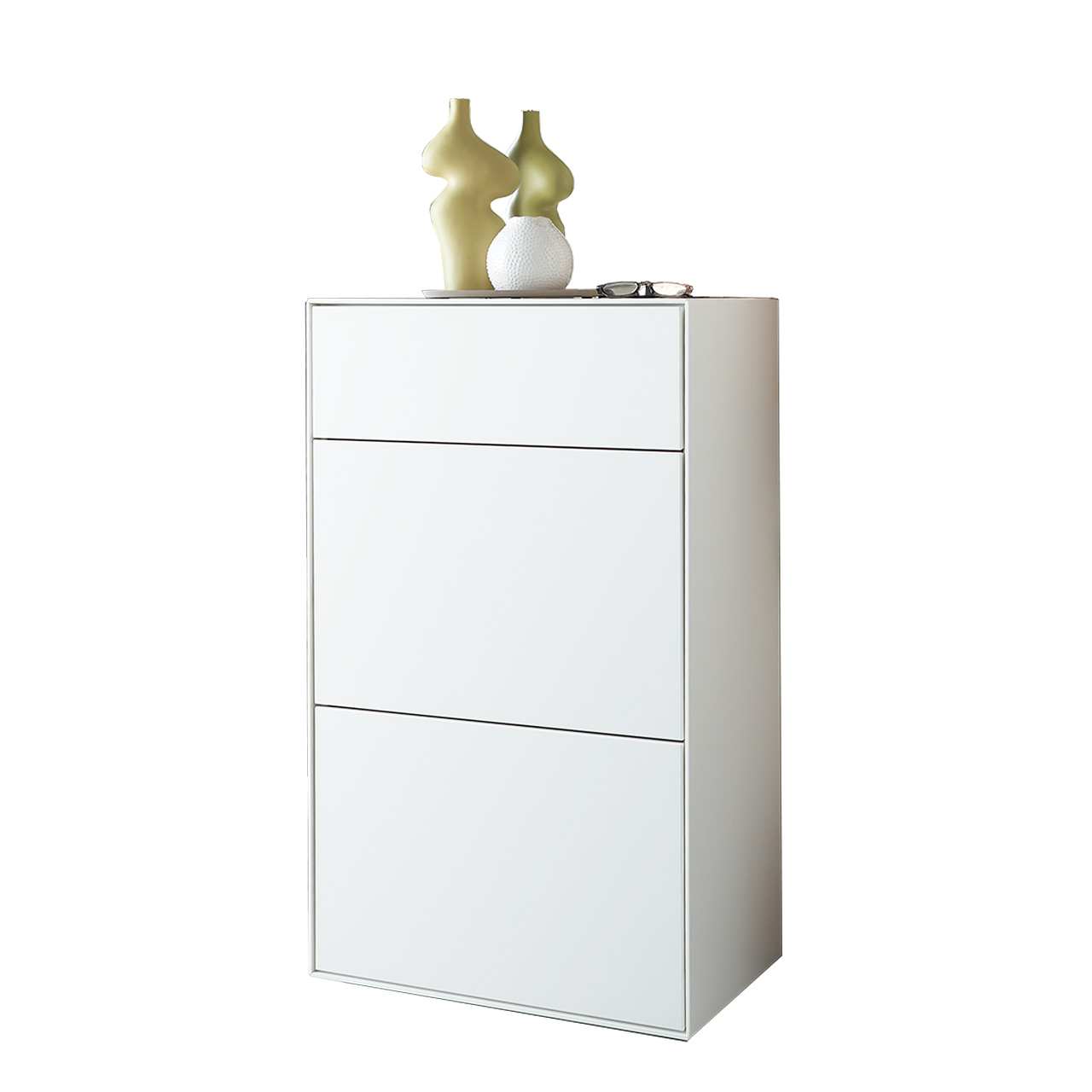 Moderner Stauraumschrank aus massiver Kernbirke in Lack weiß mit einem Schubkasten und zwei Klappen - Breite 59cm.
