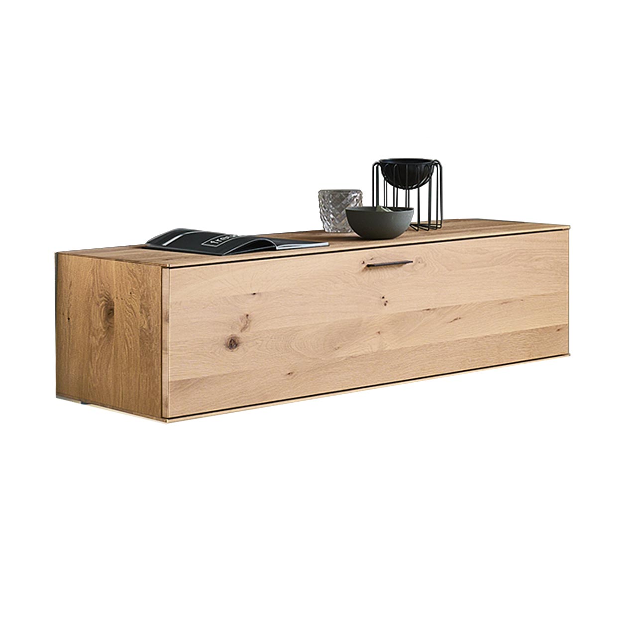 Modernes Hängelowboard aus massiver Kerneiche Natur mit Holzklappe.