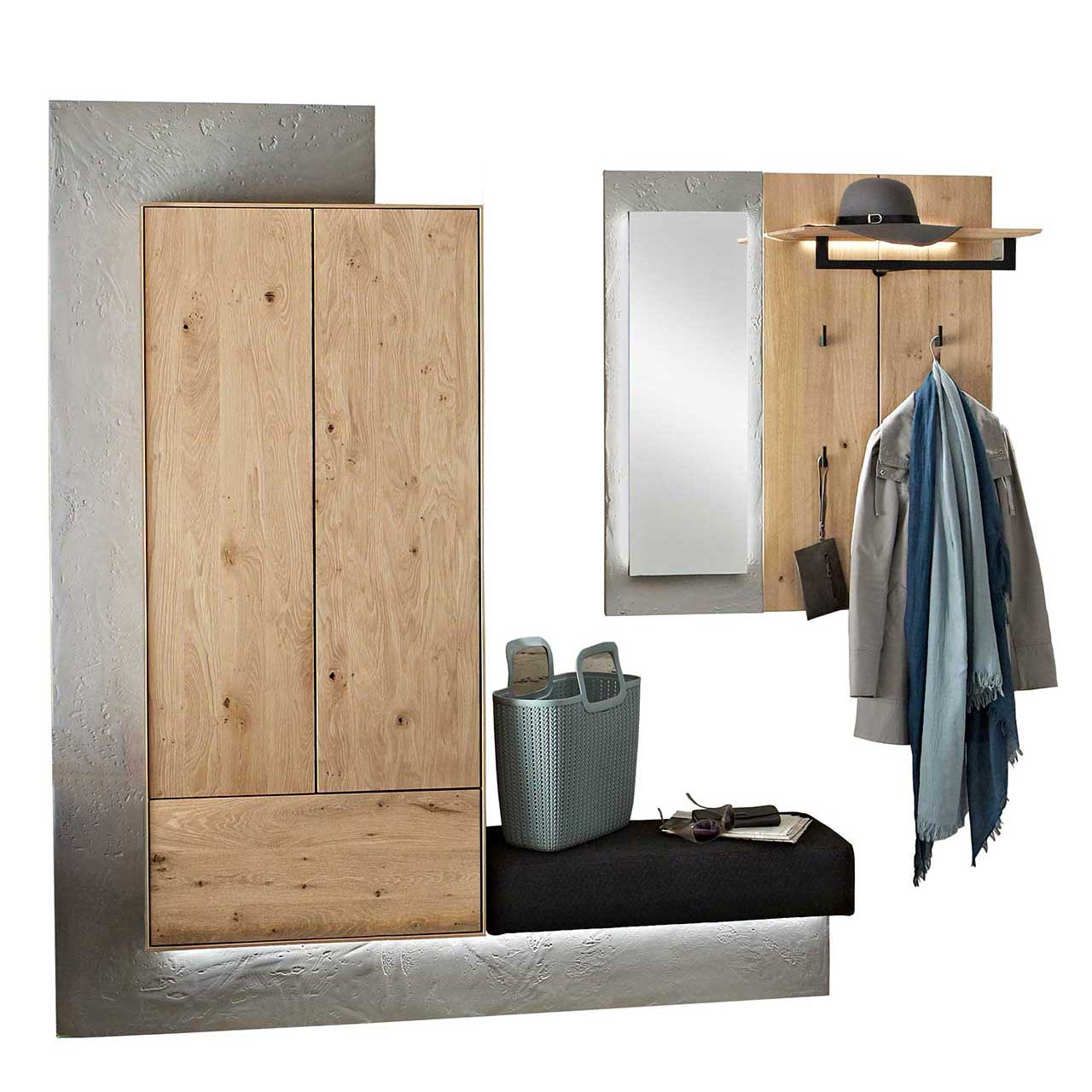 SALE_BRIK_Garderobe_8480-V106_1 Garderobenmöbel aus Massivholz mit Betonoptik-Elementen