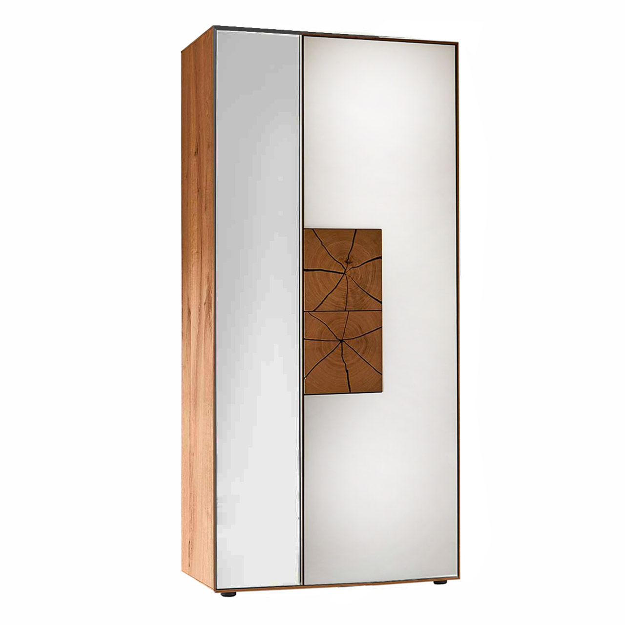 Großer Stauraumschrank aus massiver Kerneiche Umato mit einer Tür in Mattglas weiß und zwei dekorativen Hirnholzscheiben und einer Spiegeltür rechts.