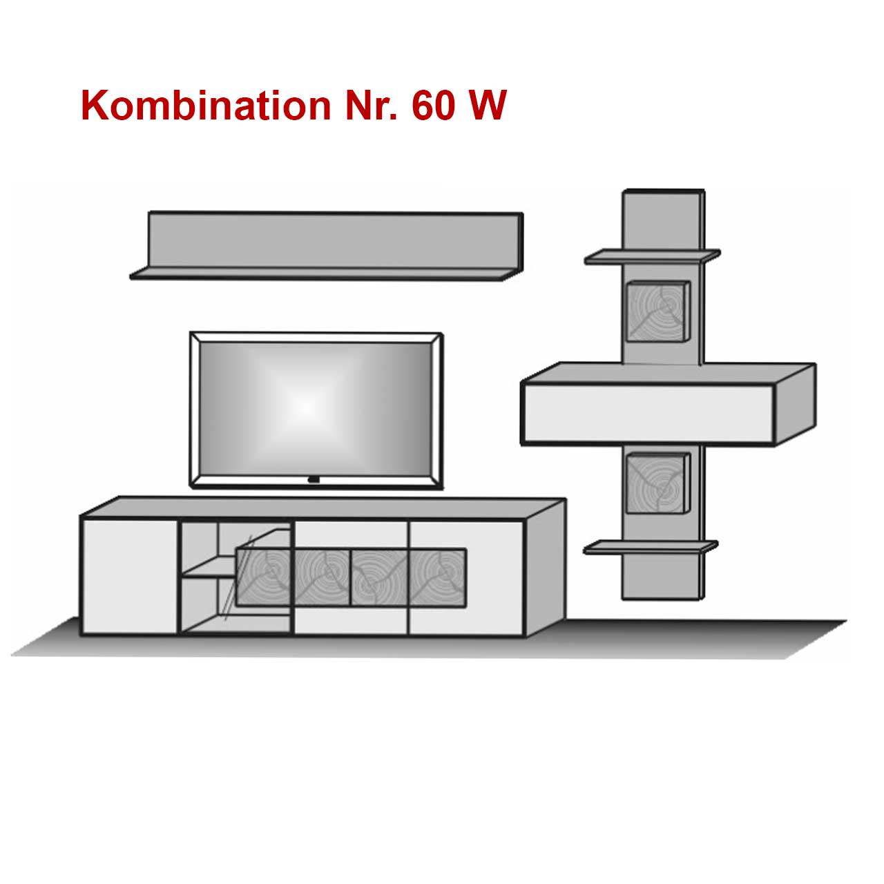Skizze einer dreiteiligen Wohnkombination aus Holz und Mattglas Fronten bestehend aus Lowboard mit teils strukturierter Holz-Front, Wandregal und Hängeschrank eingefasst in ein Holzwandpaneel mit Ablageböden.