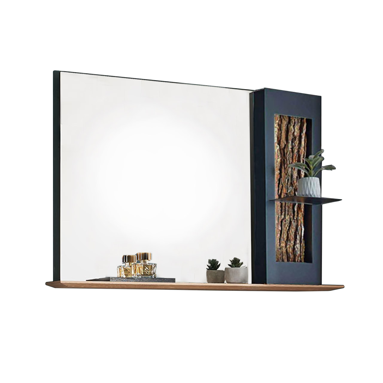 Hartmann SALVO Garderoben - Wandpaneel mit Spiegel 8550G-5114 re. - mit Baumrinde Modernes Wandpaneel mit rechtsseitigem Rinden-Akzent im anthrazitfarbenen Metallrahmen und mittigem Ablageboden. Links ein großer rechteckiger Spiegel mit durchgehendem Holzablageboden unten.