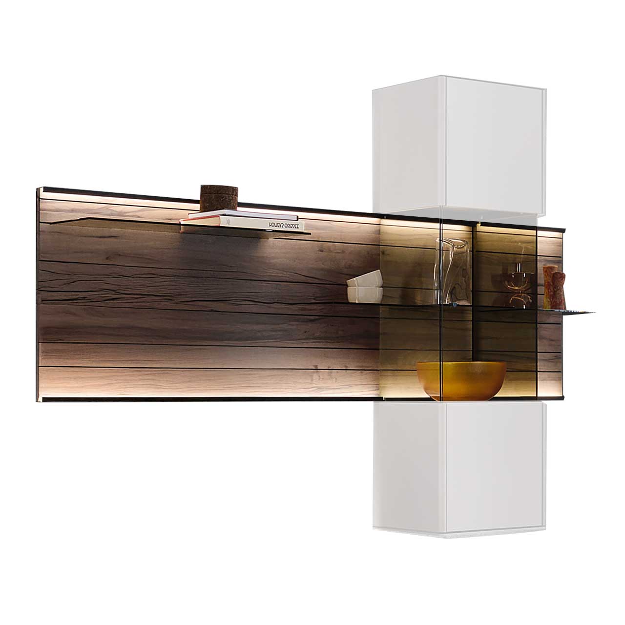 Hartmann AUDRA - Wandpaneel 5610-3199 - Altholzbuche Uyaa Modernes Wandpaneel aus dunkelbrauner Altholzbuche Uyaa mit edler, sichtbarerer Holzmaserung und drei Glasböden aus Parsolglas Bronze.
