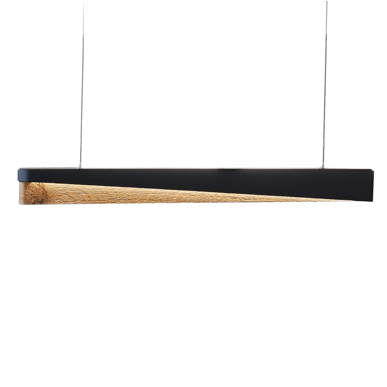 Moderne Paneel-Pendelleuchte aus massivem Holz mit Teileinfassung in Metall Anthrazit. 