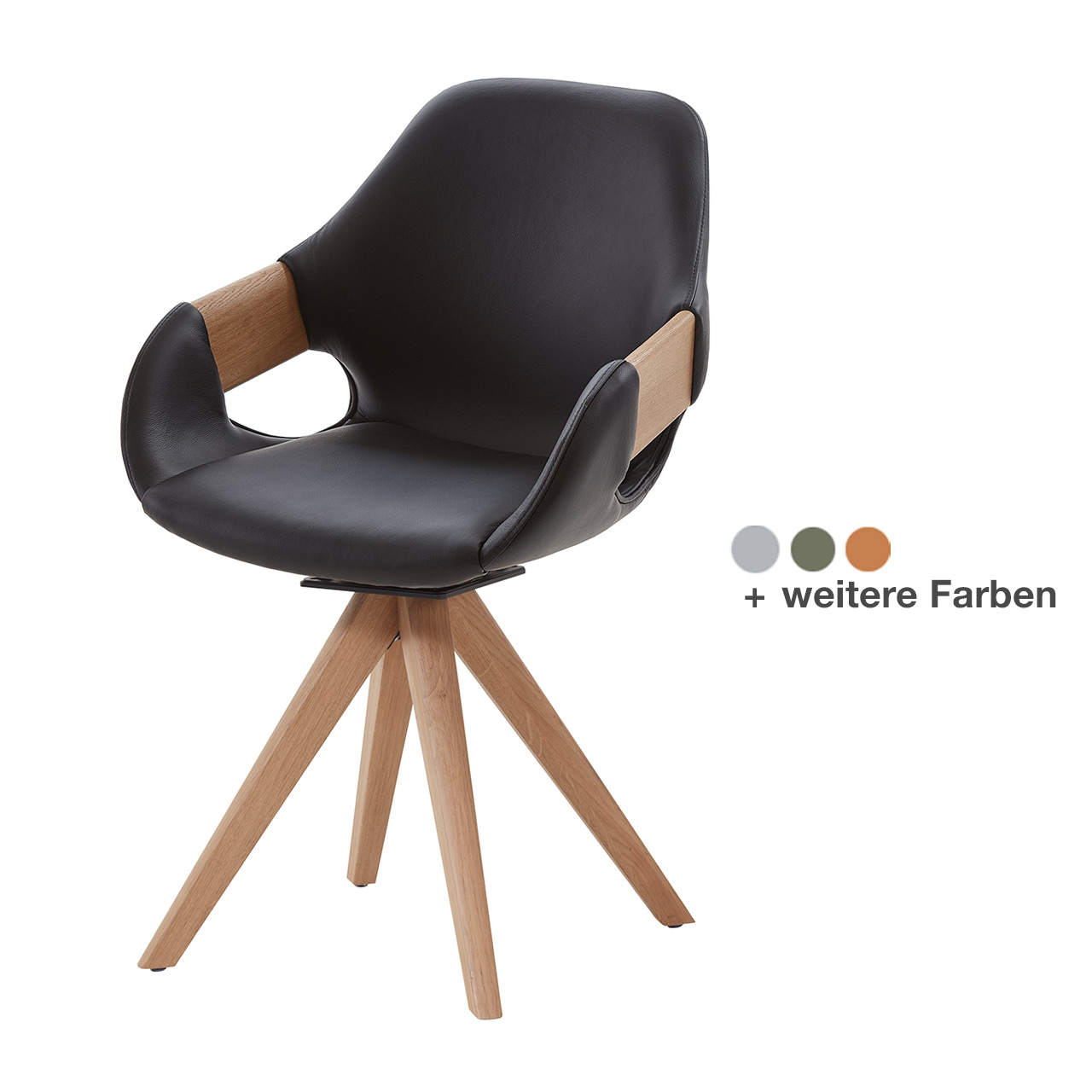 Hartmann NATURZEIT 7100E/8400E - 1711 / 1712 Stuhl Basti Comfort - mit Holzgestell H1/H2 Moderner Esszimmerstuhl mit extra gepolsteter Sitzfläche und Rückenlehne in schwarzem Leder, mit Holzapplikation an Lehnen und Vier-Fuß-Stativgestell aus massivem Holz - in Frontansicht