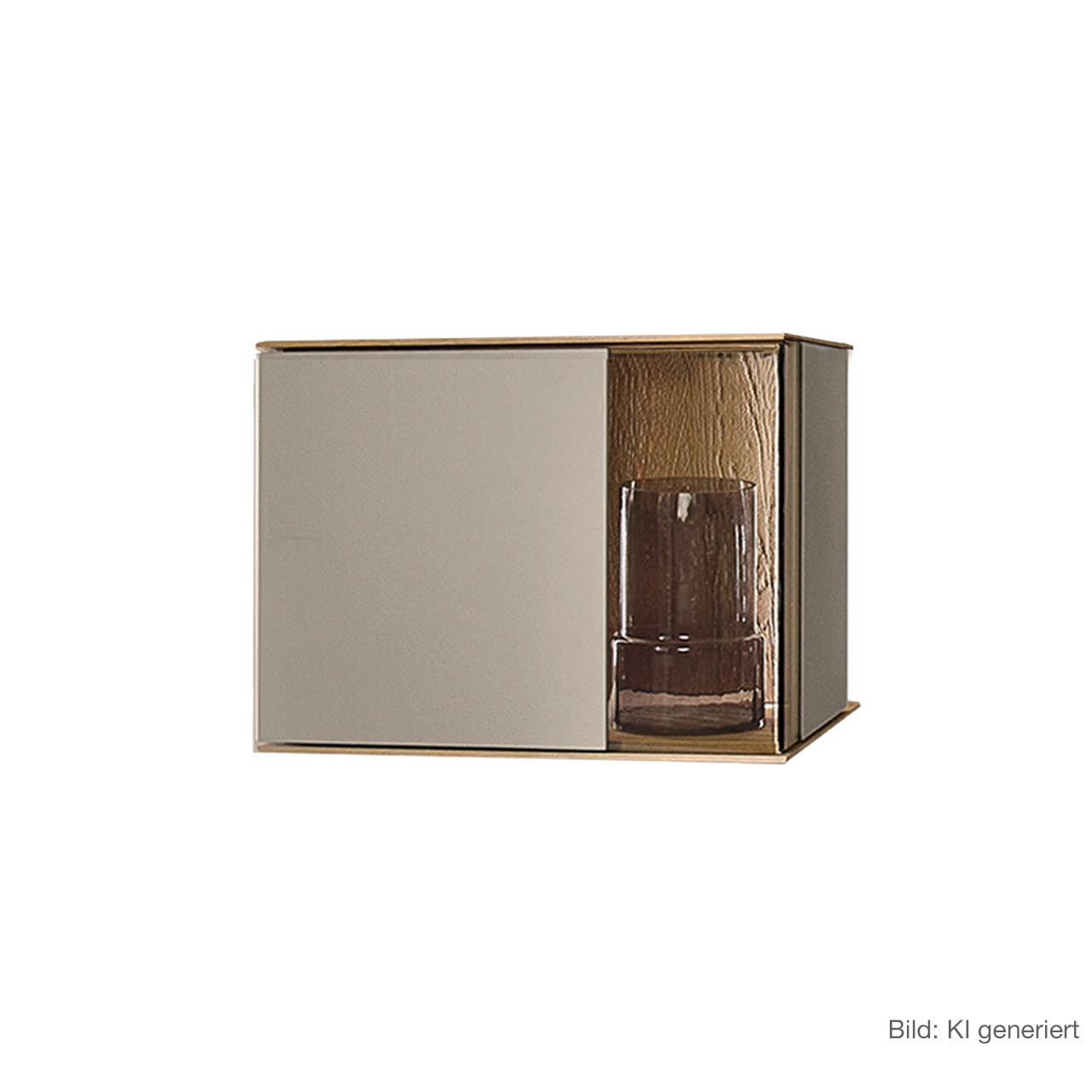 Moderne Vitrine aus massiver Kerneiche Natur mit Lackfronten in Sand. Mit einer Glas-Lacktür und beleuchteter Riffholzrückwand rechts - als Unterbauelement für Hängelowboards empfohlen.