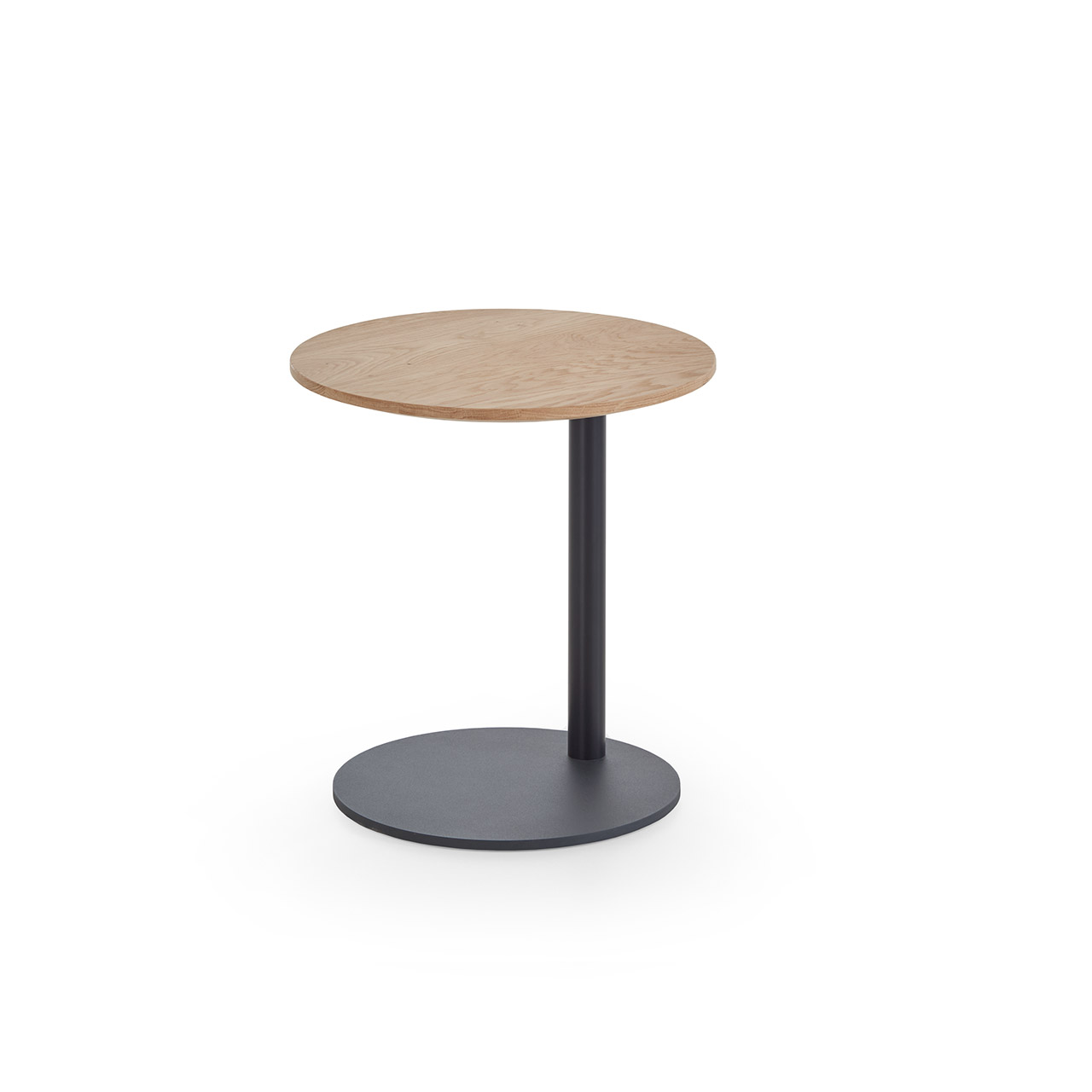 Moderner Couchtisch mit runder, höhenverstellbarer Holzplatte in klassischer Kerneiche. Gerade nach oben verlaufende Metallsäule und runde Bodenplatte in Holz anthrazit.