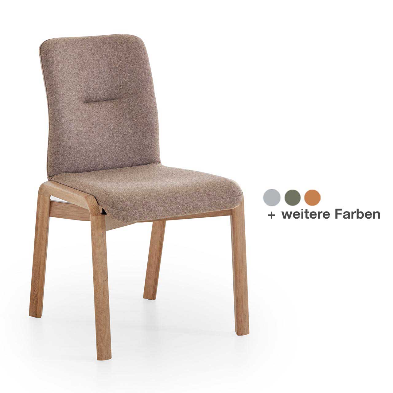 Hartmann VIDA - Stuhl Naaja 8630-1378- mit Holzgestell Kerneiche Natur Klassischer Esszimmerstuhl mit gepolstertem Sitz und Rücken in hellbeigem Stoffbezug, ohne Lehnen auf stabilem Vier-Fuß-Gestell aus Massivholz - in Frontansicht.