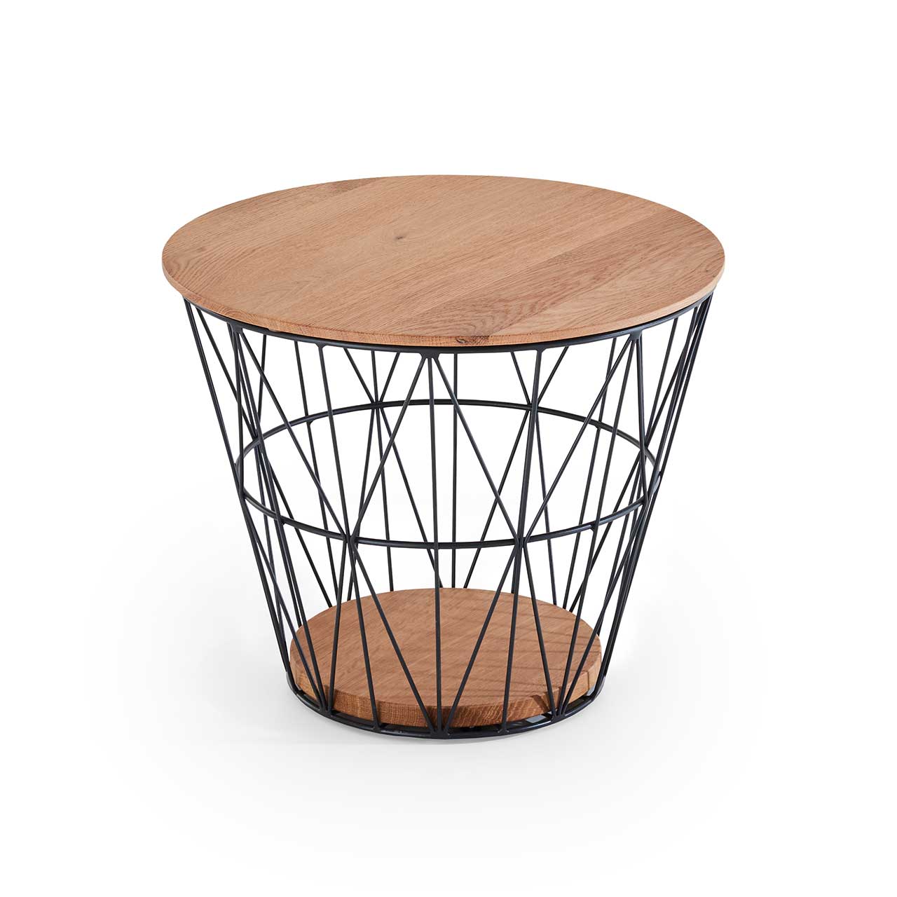 Raffinierter, runder Couchtisch mit feinem Metallkorb in Anthrazit und abnehmbarem Holzdeckel sowie Bodenplatte aus Riffeiche Umato.