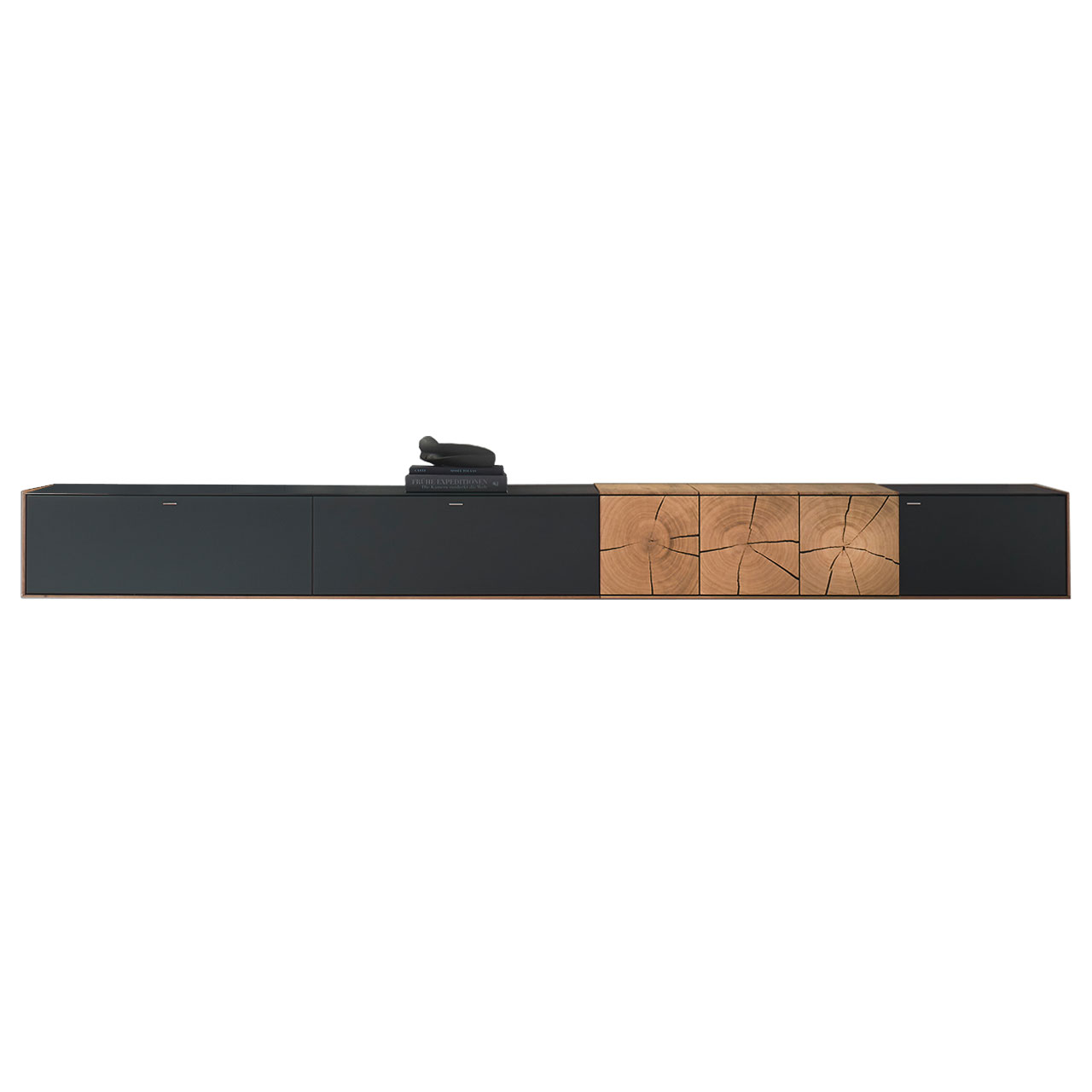 Hartmann CAYA - Hängelowboard 7170-1301A Modernes, längliches Hängelowboard aus massiver Kerneiche mit Mattglas anthrazit Front und dekorativer Hirnholz Applikation aus drei rechteckigen Hirnholzscheiben rechts.