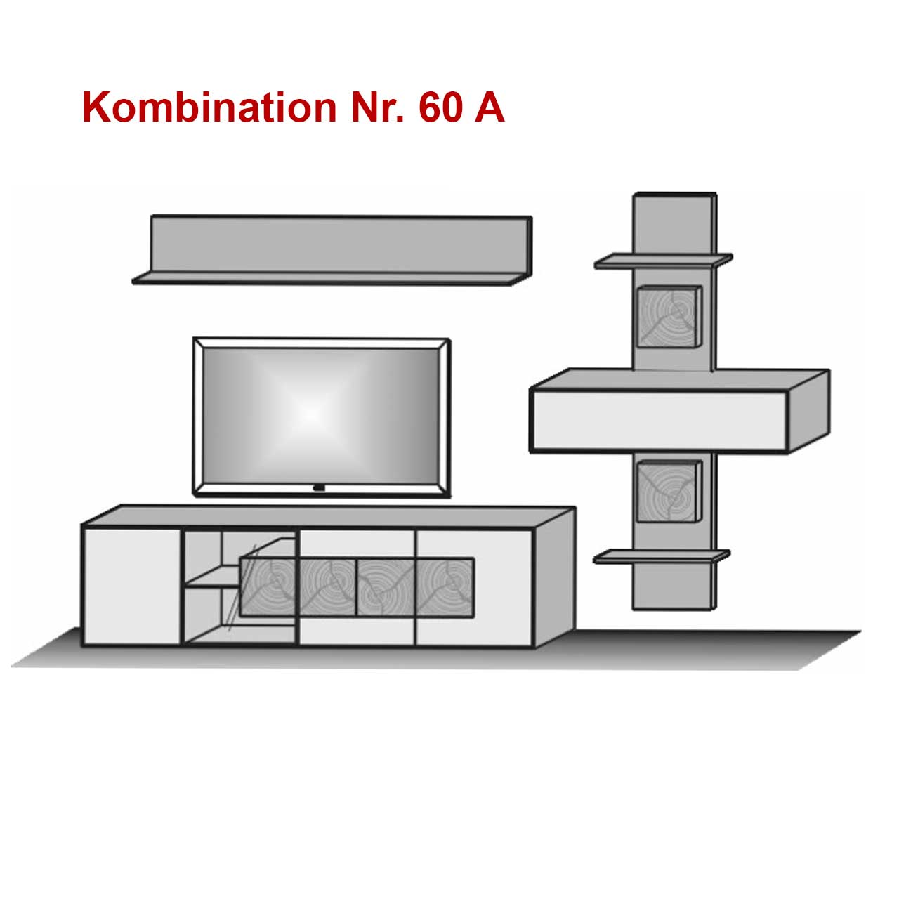 Skizze einer dreiteiligen Wohnkombination aus Holz und Mattglas Fronten bestehend aus Lowboard mit teils strukturierter Holz-Front, Wandregal und Hängeschrank eingefasst in ein Holzwandpaneel mit Ablageböden.