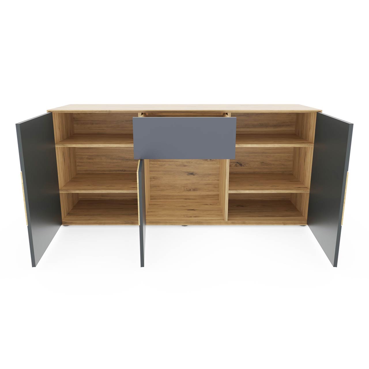 Modernes Sideboard aus massiver Kerneiche Umato mit Mattglas anthrazit Front mit drei offenen Türen und einem offenem Schubkasten.
