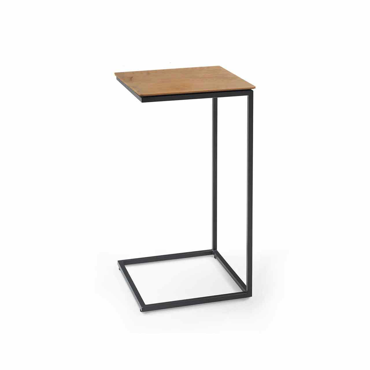 Schmaler Beistelltisch mit Holzplatte auf schlichtem Metallgestell in schwarz