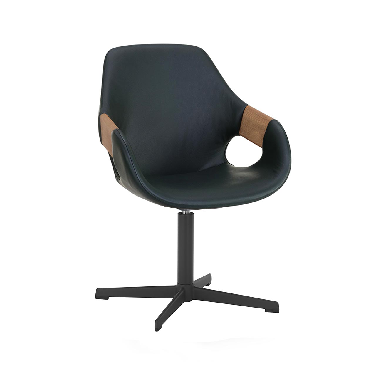 Moderner Esszimmerstuhl mit Sitzfläche und Rückenlehne in dunkelblauem Leder, Holzapplikation an Lehnen und Vier-Fuß-Sterngestell aus Metall anthrazit.