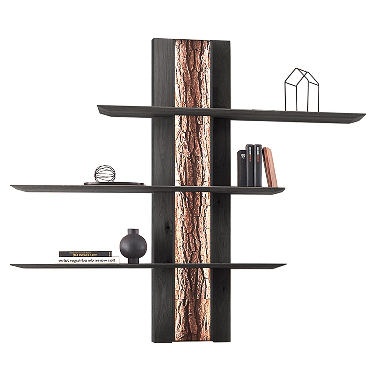 Hartmann RUNA - Wandpaneele 8410-8071 - Kerneiche Natur Modernes Wandpaneel aus massiver Kerneiche Natur Anthrazit gebeizt mit beleuchteter Rinden-Rückwand und drei langen, anthrazitfarbenen Holzböden.