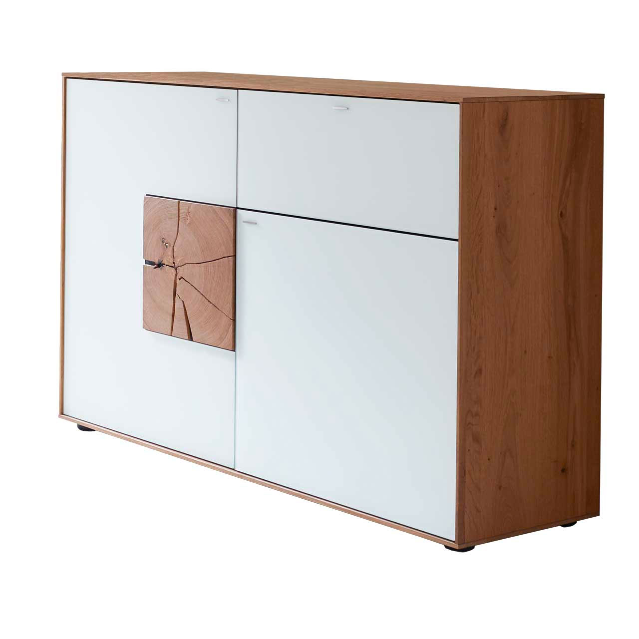 Moderner Kommode aus massiver Kerneiche Umato mit Mattglas weiß Front und zwei dekorativen Hirnholzscheiben, mit zwei Türen und einem Schubkasten.