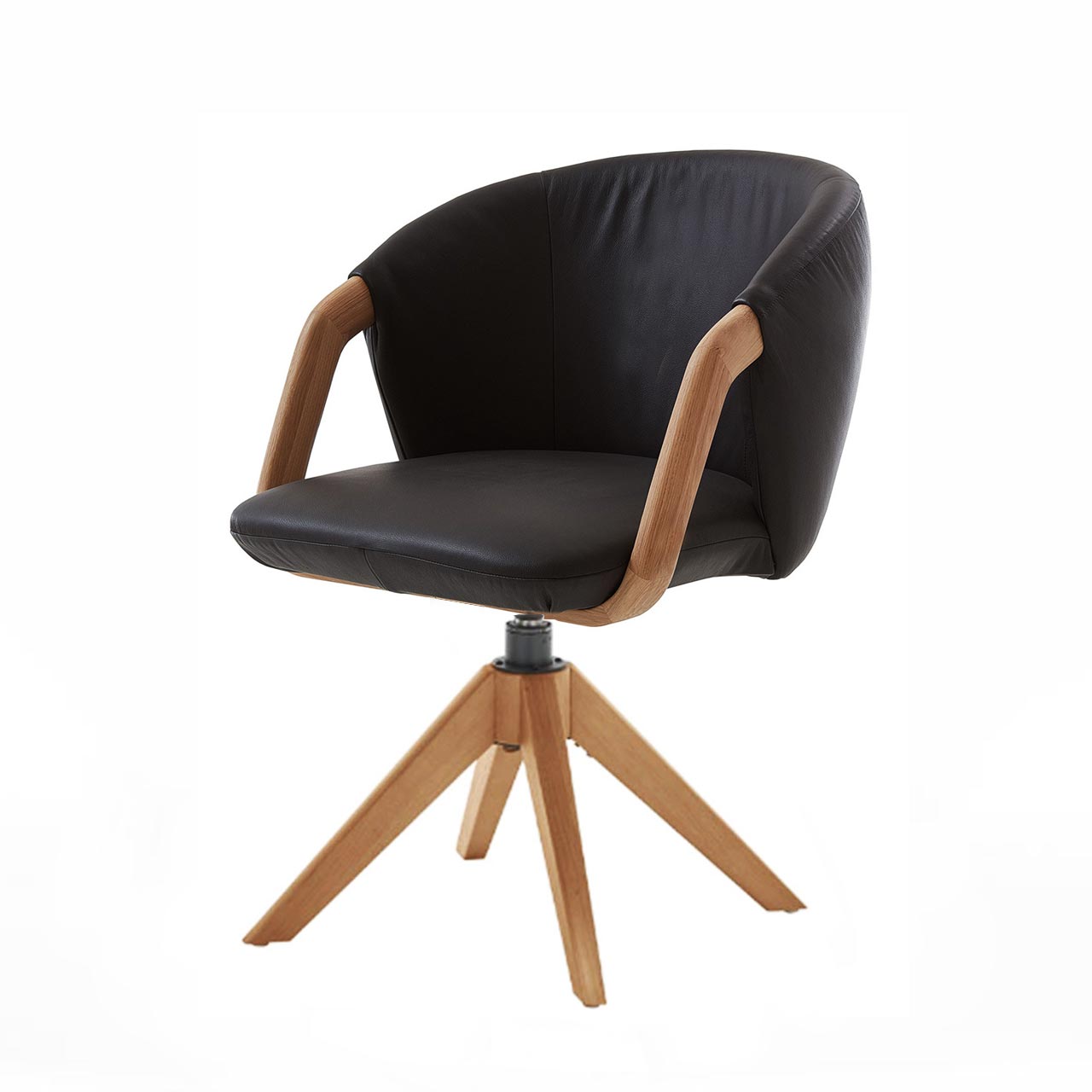 Moderner Esszimmerstuhl mit gepolstertem Sitz und Rücken in schwarzem Leder sowie geschwungenen Holzlehnen auf Vier-Fuß-Holzgestell.