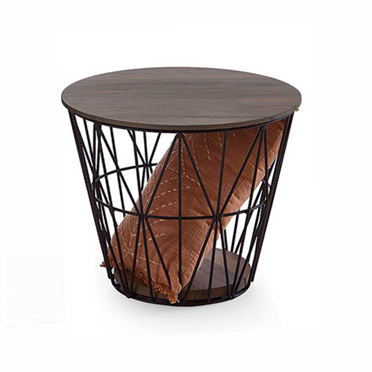 Raffinierter, runder Couchtisch mit feinem Metallkorb in Anthrazit und abnehmbarem Holzdeckel sowie Bodenplatte aus Alholzbuche Uyaa.