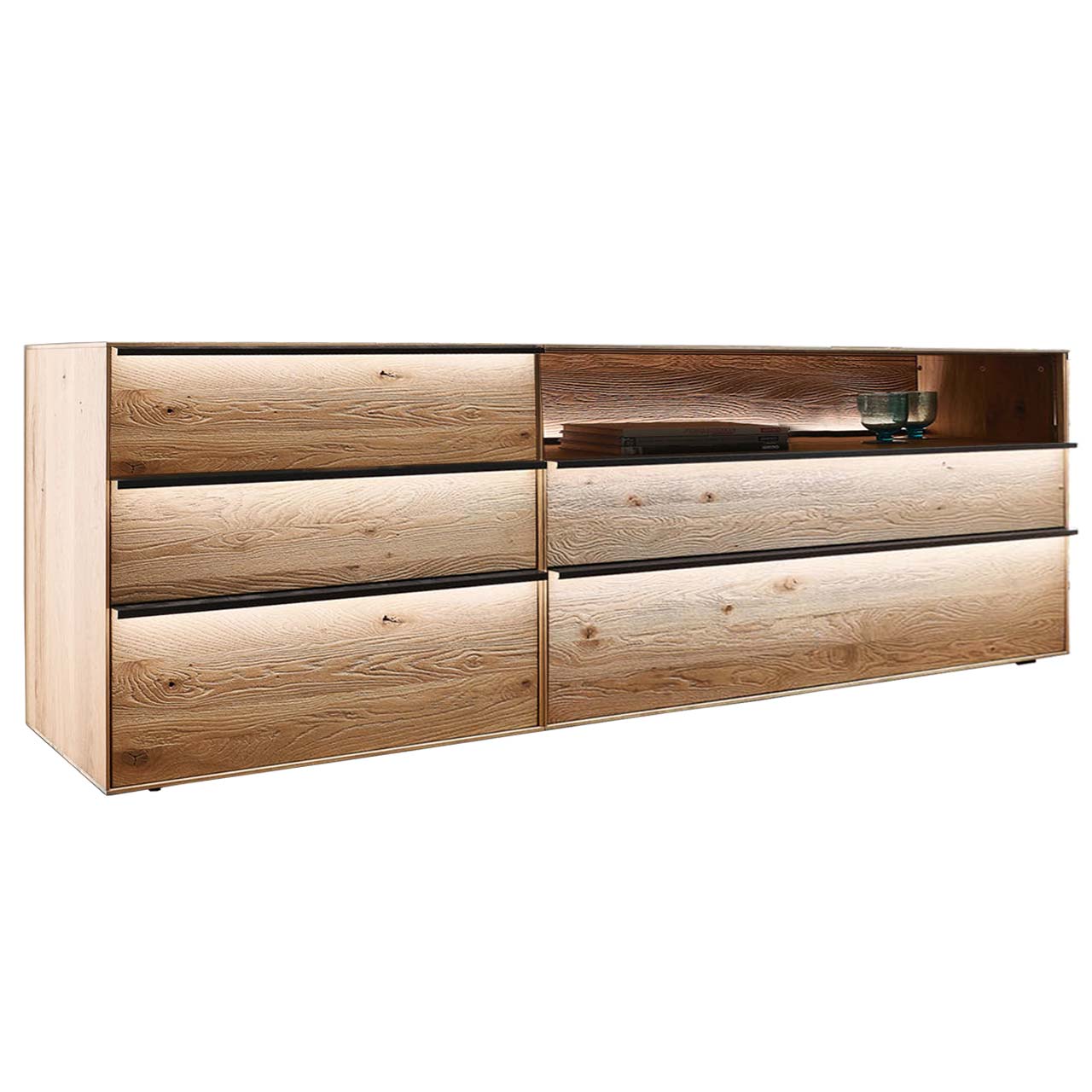 hartmann_ANEA_8530-4285.li_sideboardkombination Sideboard aus massiver Kerneiche Natur mit 4 Schubkästen & Glasfront