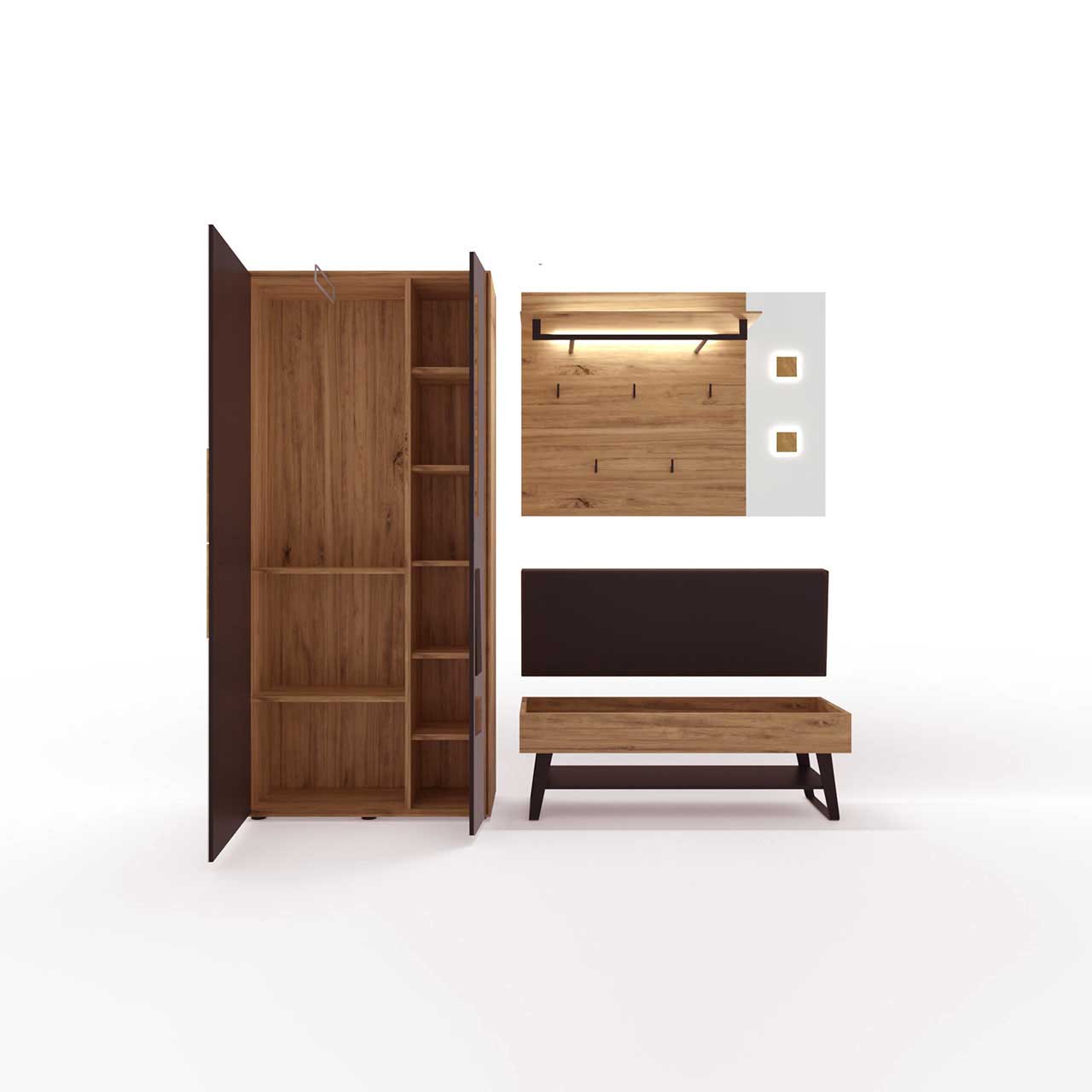 Furnplanbild - Hartmann CAYA Garderoben - Kombination 7140 Nr. V106 Computergeneriertes Bild einer Garderobe aus massivem hellem Holz mit geöffnetem Hochschrank mit Einlegeböden, Wandpaneel mit Kleiderstange und Haken und einer offener Sitzbank mit sichtbarem Stauraumfach auf Metallkufen mit Metallablage.
