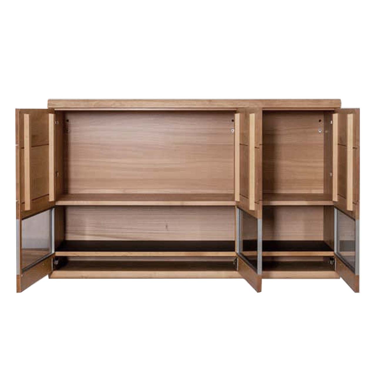 Hartmann SALE Möbel - ARONDA Hängeelement 8380-4215 / Offene Ansicht Edle Hängevitrine aus massiver Wildeiche mit einer offenem Glas-Holztür rechts und einer offenen doppelflügeligen Glas-Holztür links mit sichtbaren Holzeinlegeböden.