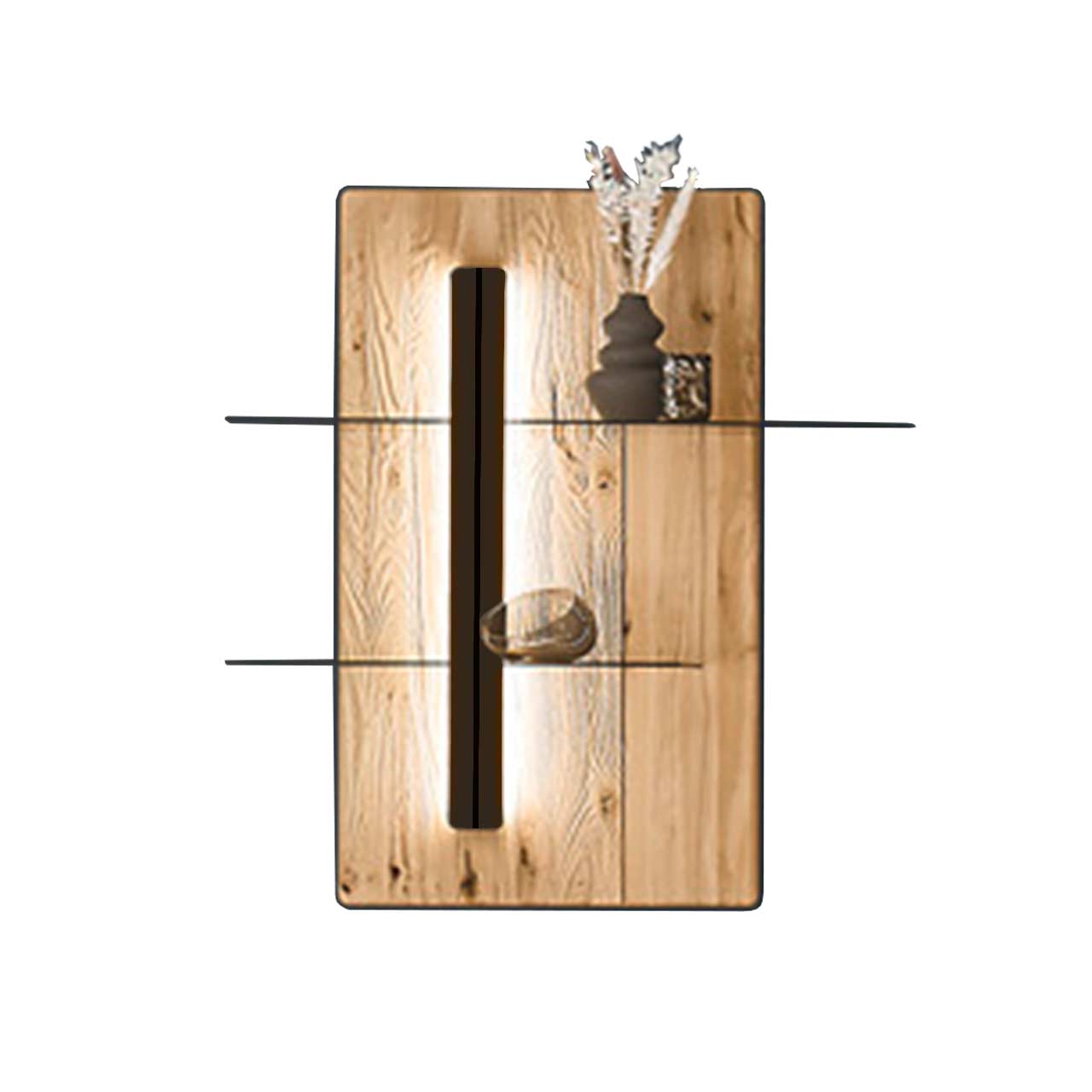 Hartmann KNUD 5580-6112 Wandpaneel Beleuchtetes Wandpaneel aus Riffbuche mit anthrazitfarbener vertikaler Profilleiste und zwei Glasböden