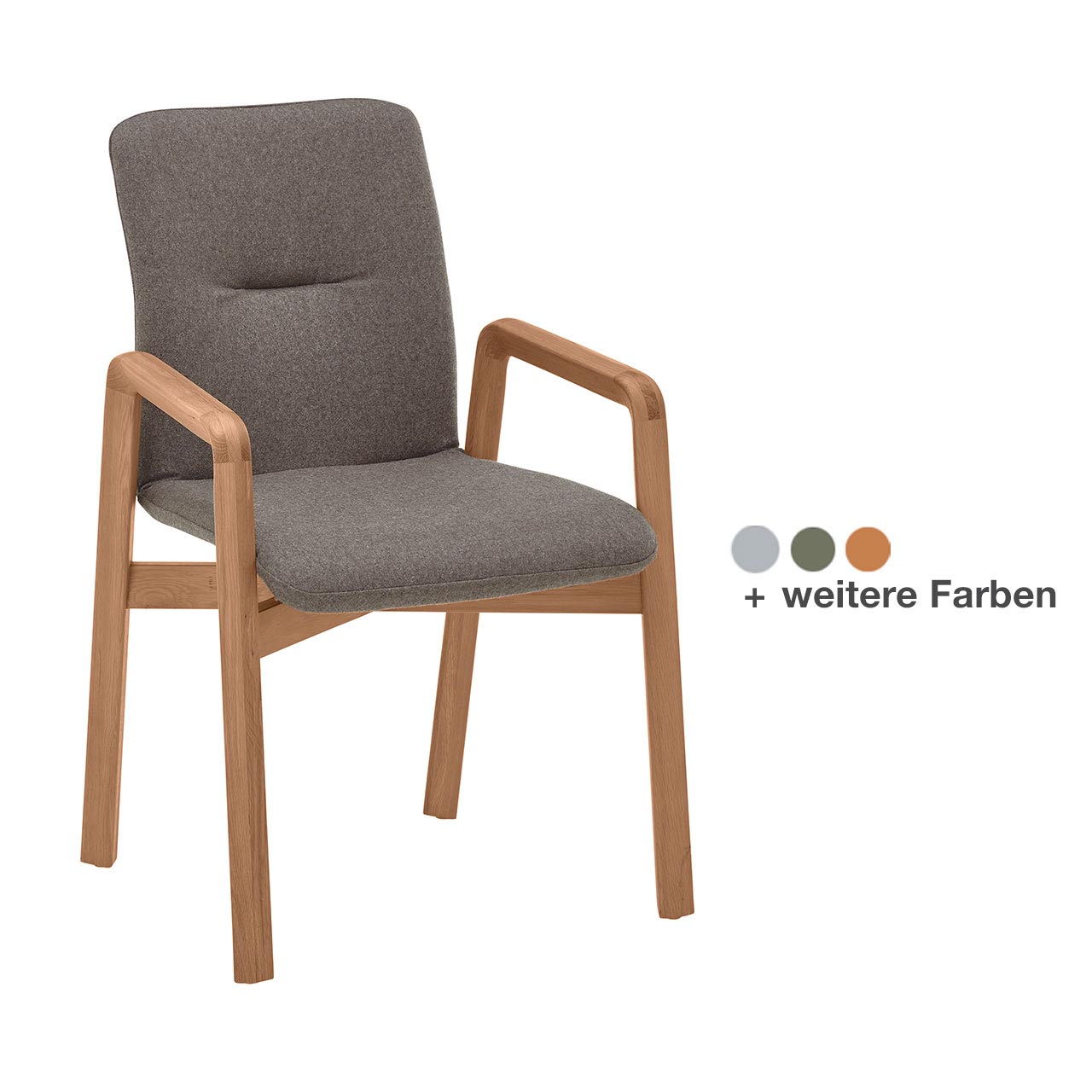 Klassischer Esszimmerstuhl mit gepolstertem Sitz und Rücken in dunkelbeigem Stoffbezug. Seitliche Holzlehnen und passendes Vier-Fuß-Gestell aus Massivholz.