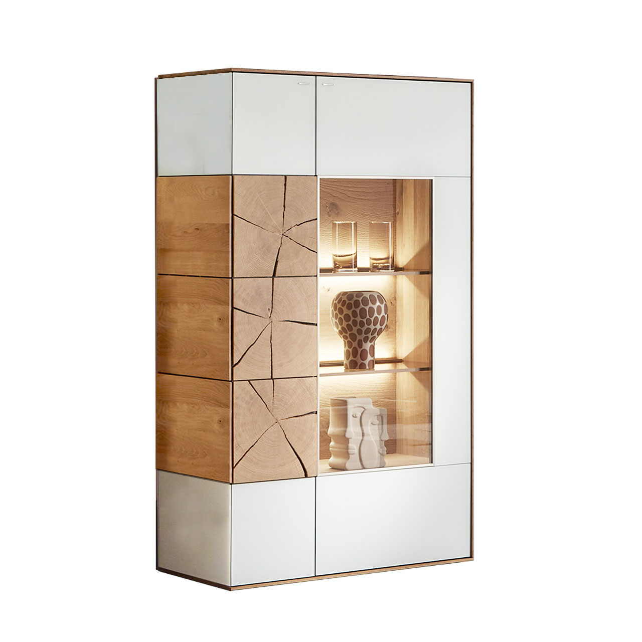 Hartmann CAYA - Highboard 7170-7084W Modernes Highboard aus massiver Kerneiche Umato mit Mattglas weiß Front, mit einer Holztür mit dekorativer Hirnholz Applikation aus drei vertikal verlaufenden, rechteckigen Hirnholzscheiben und mit einer großen Glastür.