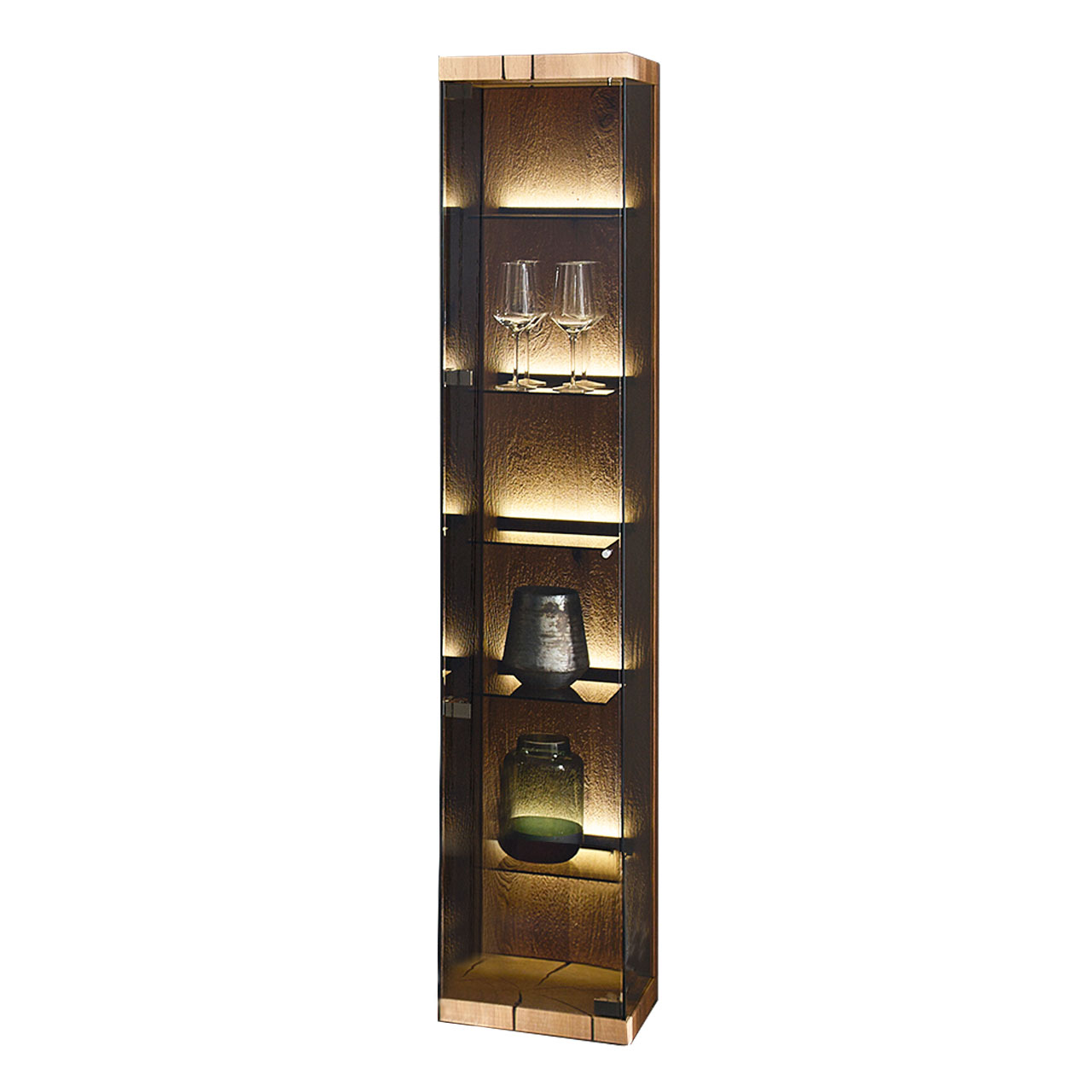 Moderne Hochvitrine aus edlem Glas mit Riffholz Rückwand
