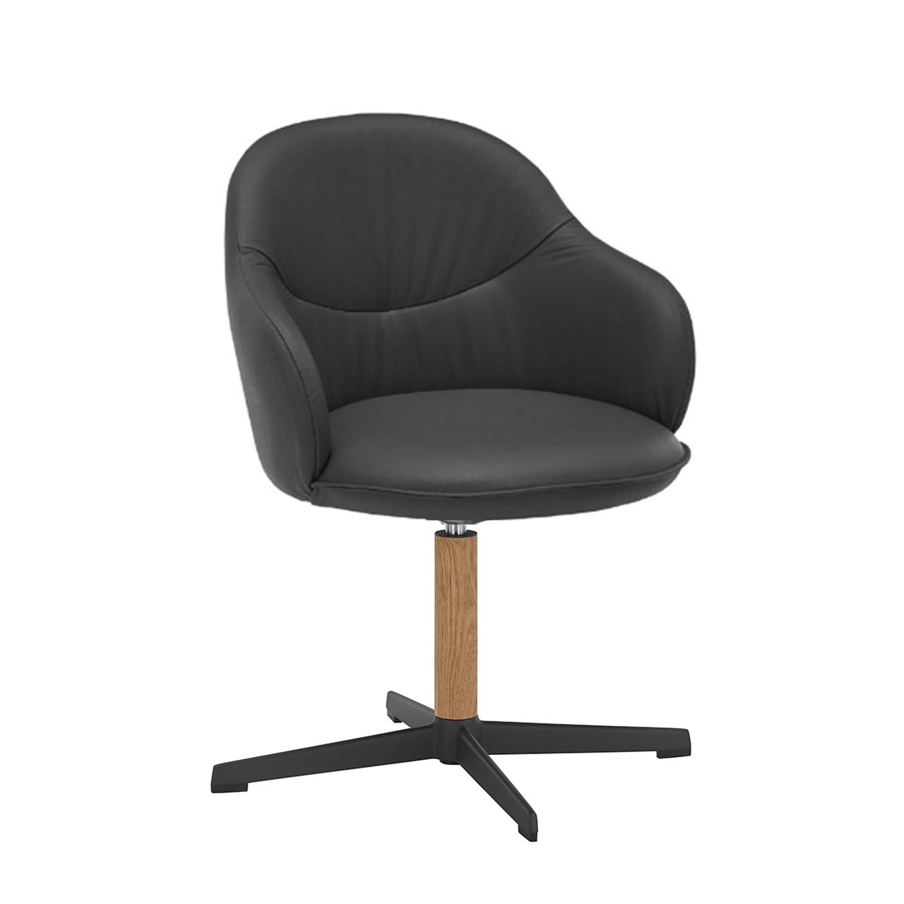 Moderner drehbarer Armlehnstuhl mit schwarzem Lederbezug und gepolsterter Sitzschale auf Vier-Fuß-Stern Gestell in Metall Anthrazit und Holz.