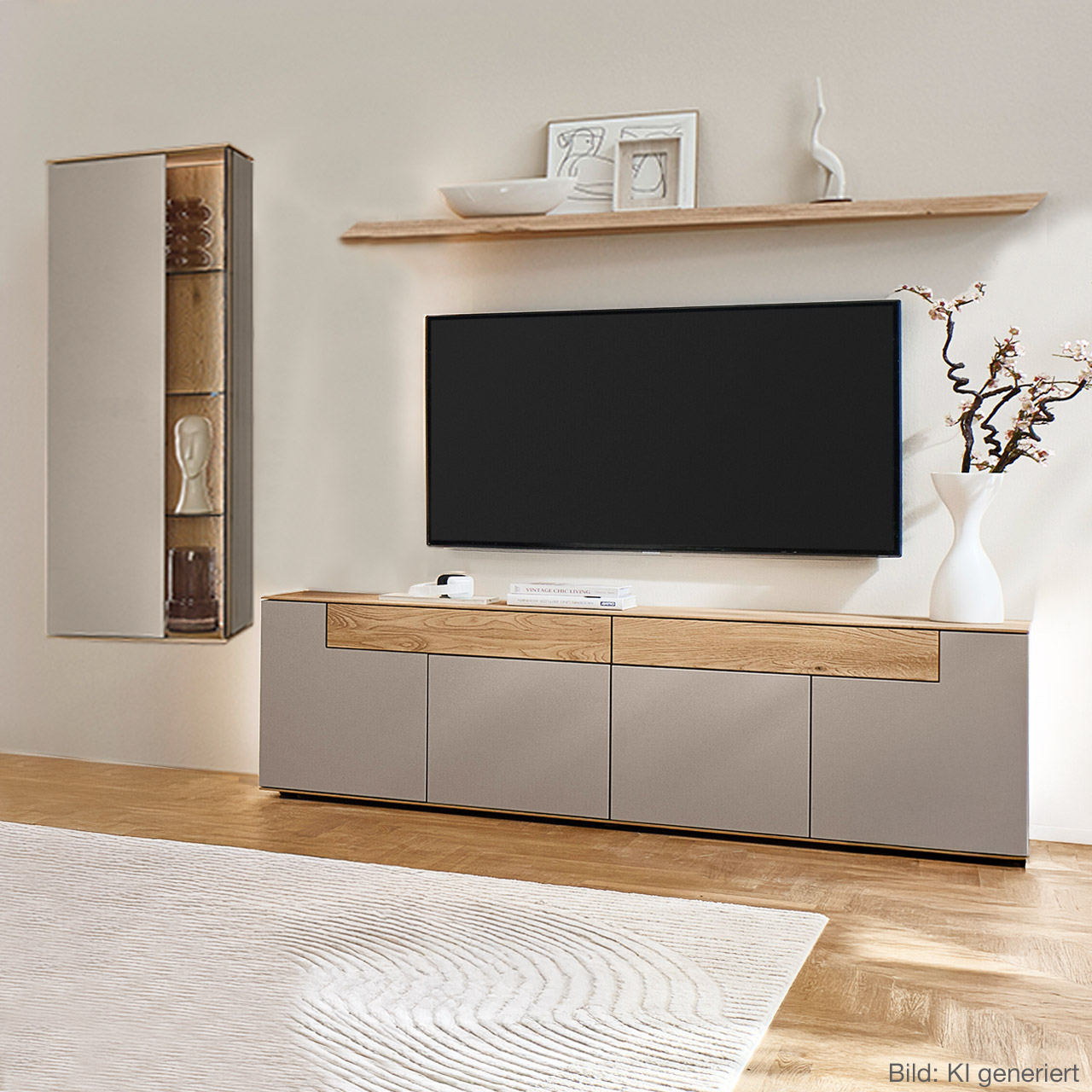 Moderne dreiteilige Wohnwand aus massiver Kerneiche Natur mit Lack Sand und Riffholz im asymmetrischem Design, bestehend aus einem Lowboard mit Schubkästen in Lack/Riffholz, einer Holz/Lack Hängevitrine sowie einem Riffholz-Wandboard.