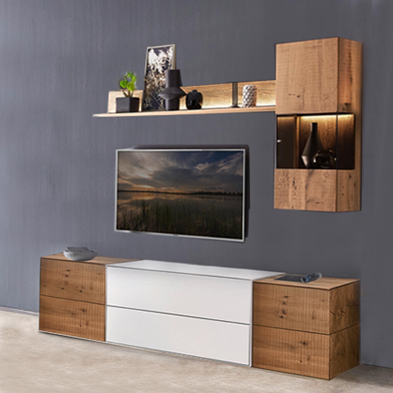hartmann_BENJO_7220W_Wohnwand_30 Wohnwand mit Materialmix aus Lack weiß und purem Massivholz