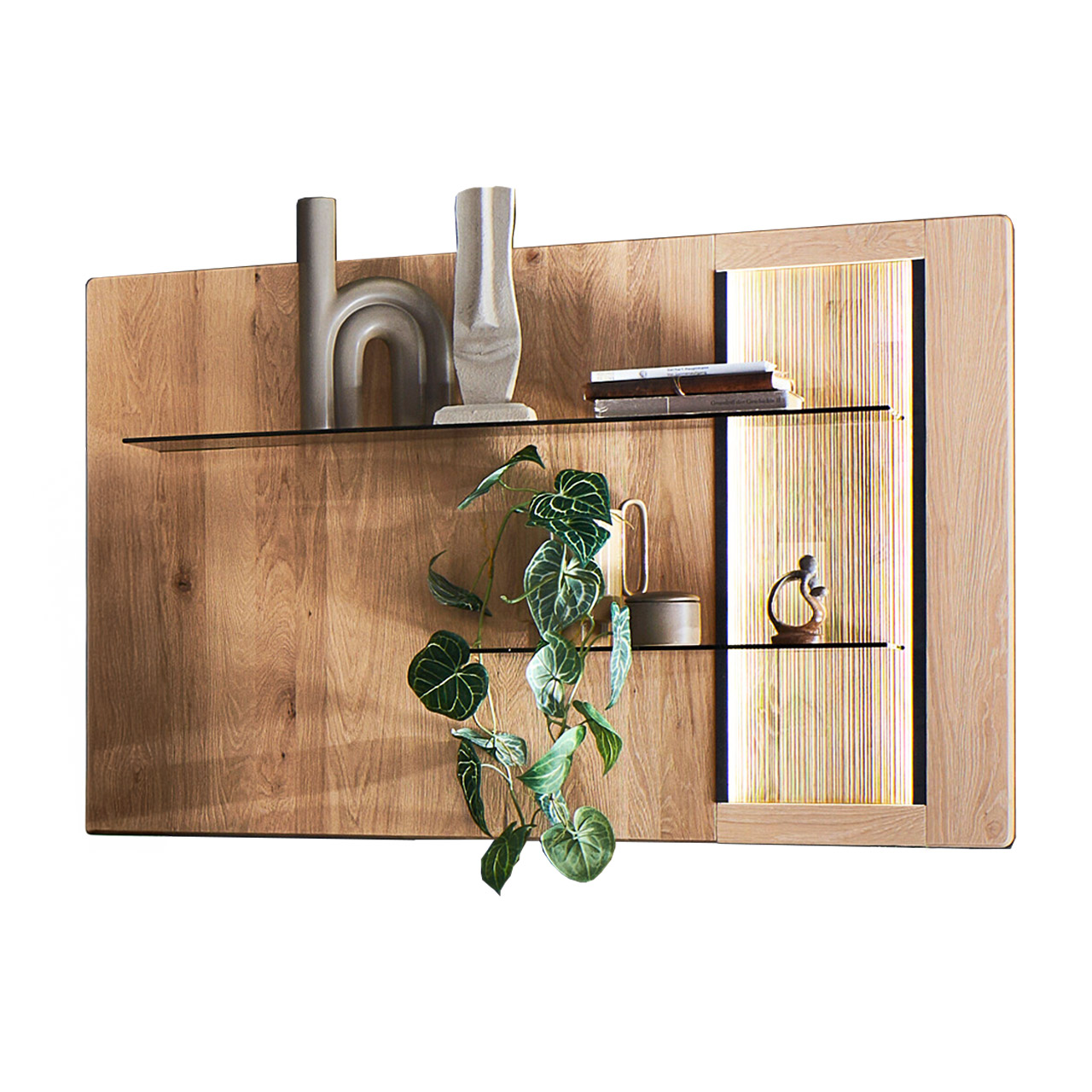 Hartmann VIDA - Wandpaneel rechts 8630-4122 - Kerneiche Natur Modernes Wandpaneel aus massiver Kerneiche Natur mit zwei Glasböden (oben lang, unten kurz) und rechtsseitiger, edel geschroppter, beleuchteter Rückwand.
