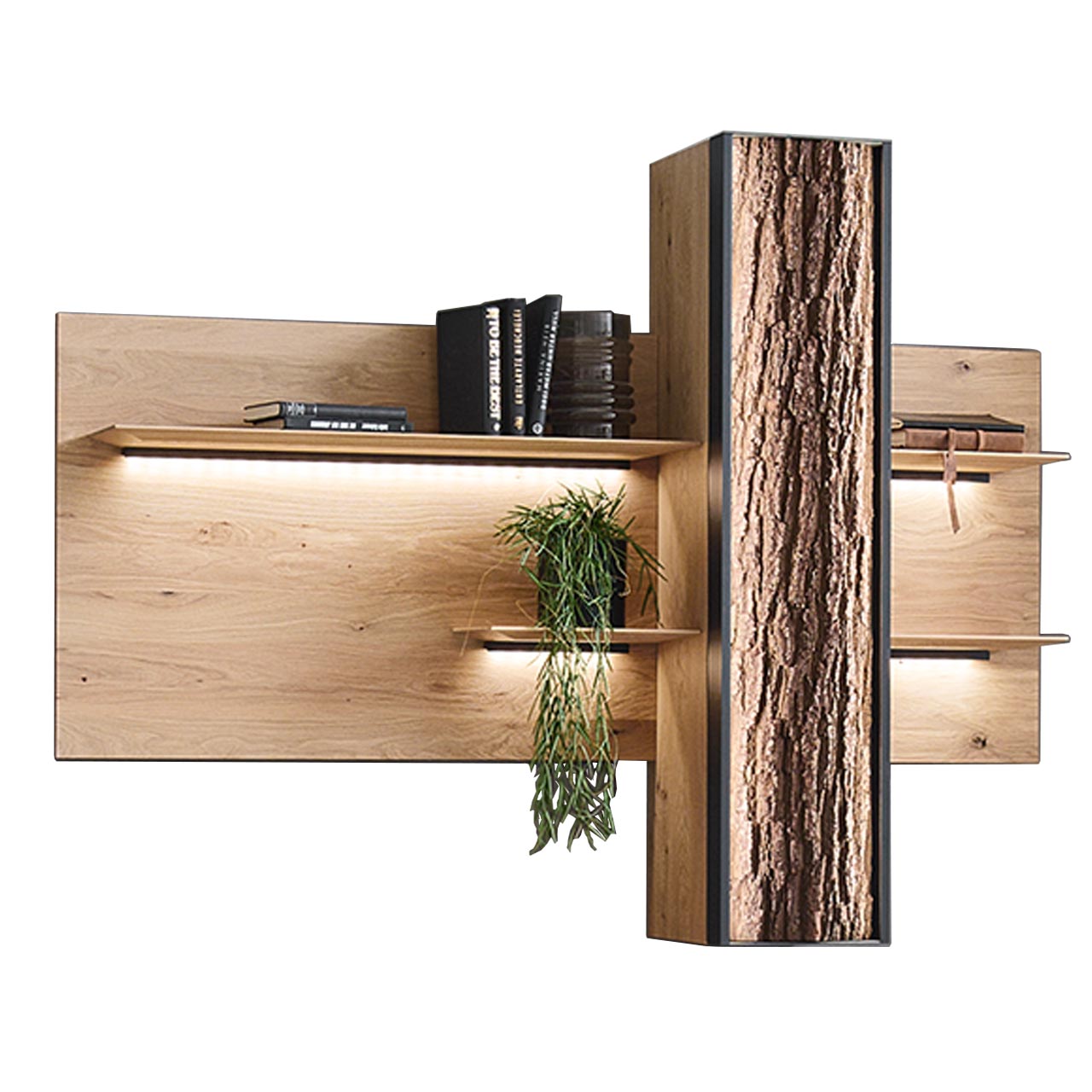 Modernes Wandpaneel aus massiver Kerneiche Natur mit vier beleuchteten Holzböden sowie integriertem Stauraumschrank und beleuchteter Holztür mit echtem Rinden-Akzent.