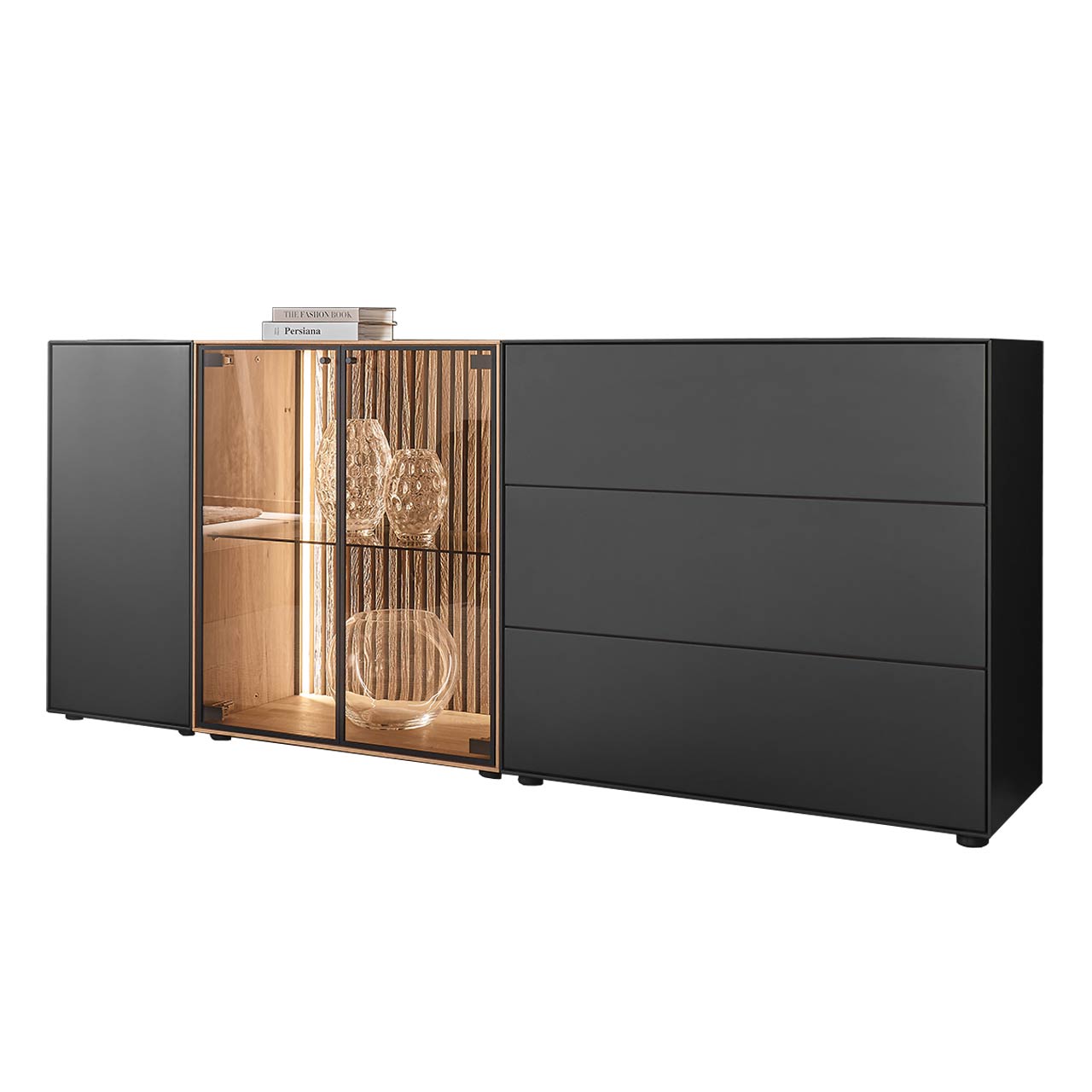 Hartmann SELINO - Sideboard 8560-4221 Modernes Sideboard aus massiver Birke anthrazit mit Holztür, zwei Glastüren, beleuchteter heller Holz-Lamellenrückwand und Glaseinlegeboden sowie zwei Schubkästen und Klappe in Anthrazit.