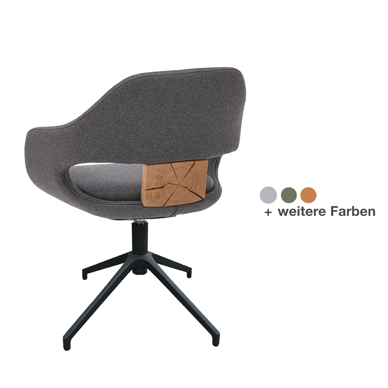 Hartmann NATURZEIT 7100E/8400E - 1732 Stuhl Aaron mit Metallgestell M2 - Rückansicht Rückansicht eines drehbaren Armlehnstuhls mit anthrazitfarbenem Stoffbezug und gepolsterter , offener Sitzschale. Mit dekorativer Hirnholzscheibe im Lendenbereich auf Vier-Fuß-Stativ Gestell in Metall Anthrazit.
