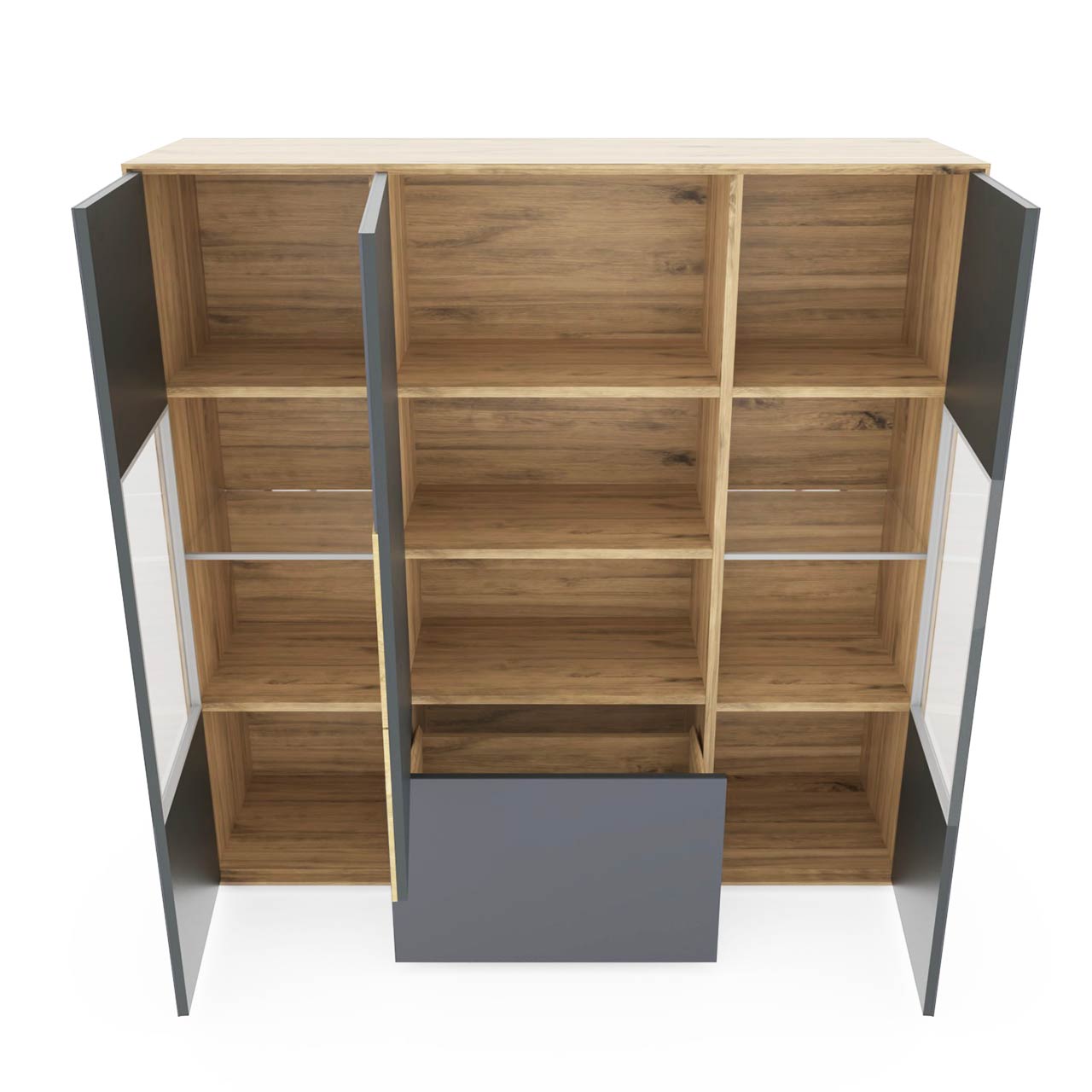 Modernes Highboard aus massiver Kerneiche Umato mit Mattglas anthrazit Front mit zwei offenen Glastüren rechts und links, einer offenen Tür mittig und einem offenem Schubkasten unten.