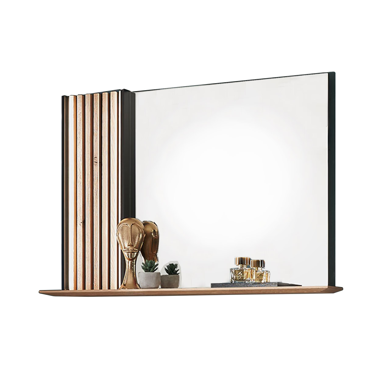 Hartmann SALVO Garderoben - Wandpaneel mit Spiegel 8550G-5119 li. - mit Lamellen Modernes Wandpaneel mit linksseitigem Lamellen-Akzent im anthrazitfarbenen Metallrahmen. Rechts ein großer rechteckiger Spiegel mit durchgehendem Holzablageboden unten.