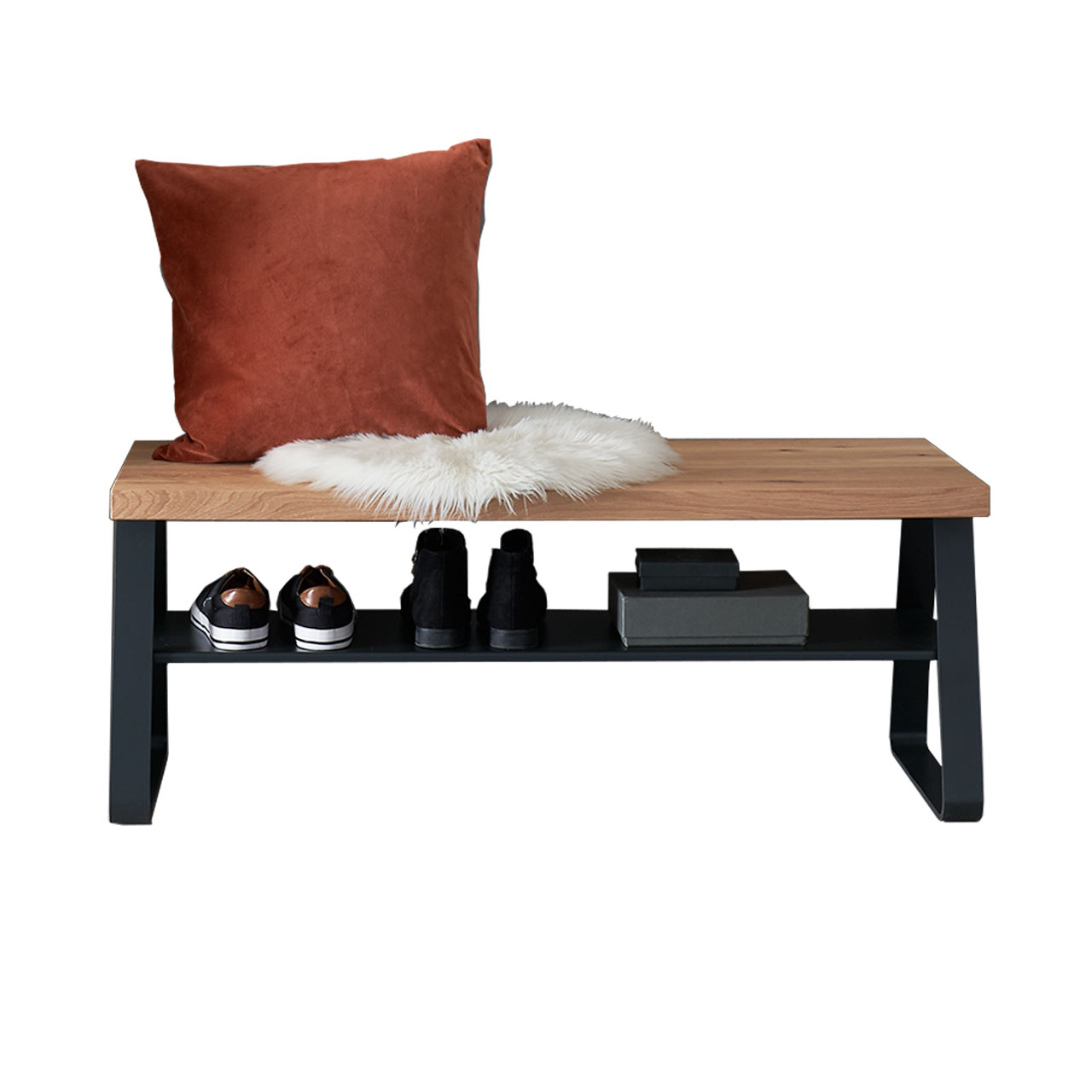 Hartmann SALVO Garderoben - Sitzbank 8550G-3101 - Kerneiche Natur und Metall Klassische Sitzbank aus massiver Kerneiche Natur mit zwei Metallkufen und Metallablageboden in Anthrazit.