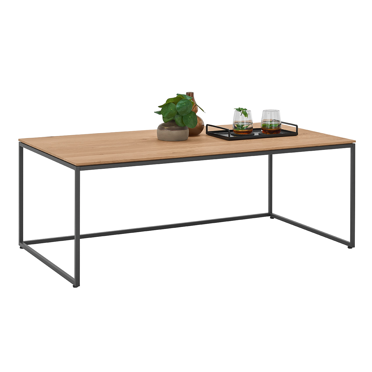 Moderner Couchtisch mit rechteckiger Holztischplatte und filigranem Metallgestell in Anthrazit - In Seitenansicht.