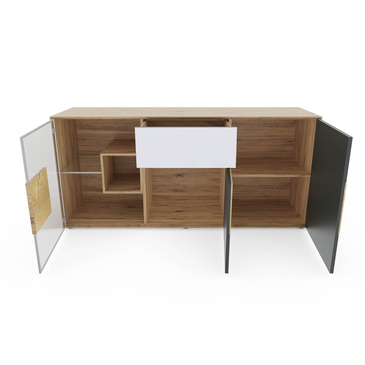 Modernes Sideboard aus massiver Kerneiche Umato mit Mattglas weiß Front mit zwei offenen Türen, einer offenen Glastür und einem offenem Schubkasten.