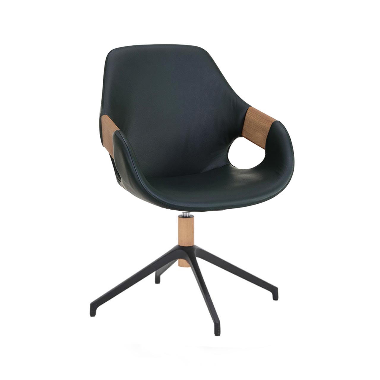 Moderner Esszimmerstuhl mit Sitzfläche und Rückenlehne in dunkelblauem Leder, Holzapplikation an Lehnen und Vier-Fuß-Gestell aus Metall anthrazit und Holz.