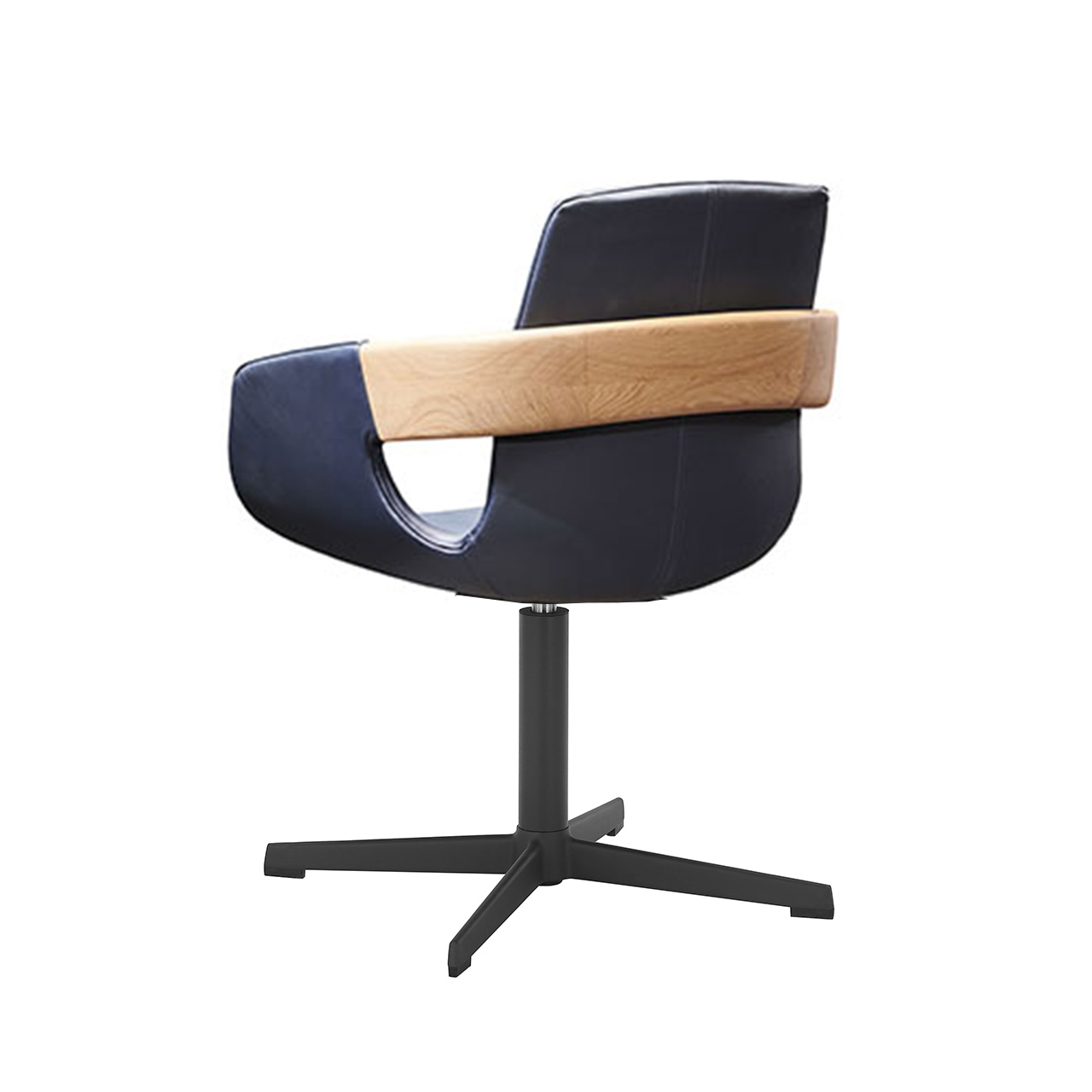 Hartmann NATURZEIT 7100E/8400E - 1766 Stuhl Emil - Rückansicht Moderner Esszimmerstuhl mit Sitzfläche und Rückenlehne in dunkelblauem Leder, Holzapplikation am Rücken und Vier-Fuß-Sterngestell aus Metall Anthrazit.